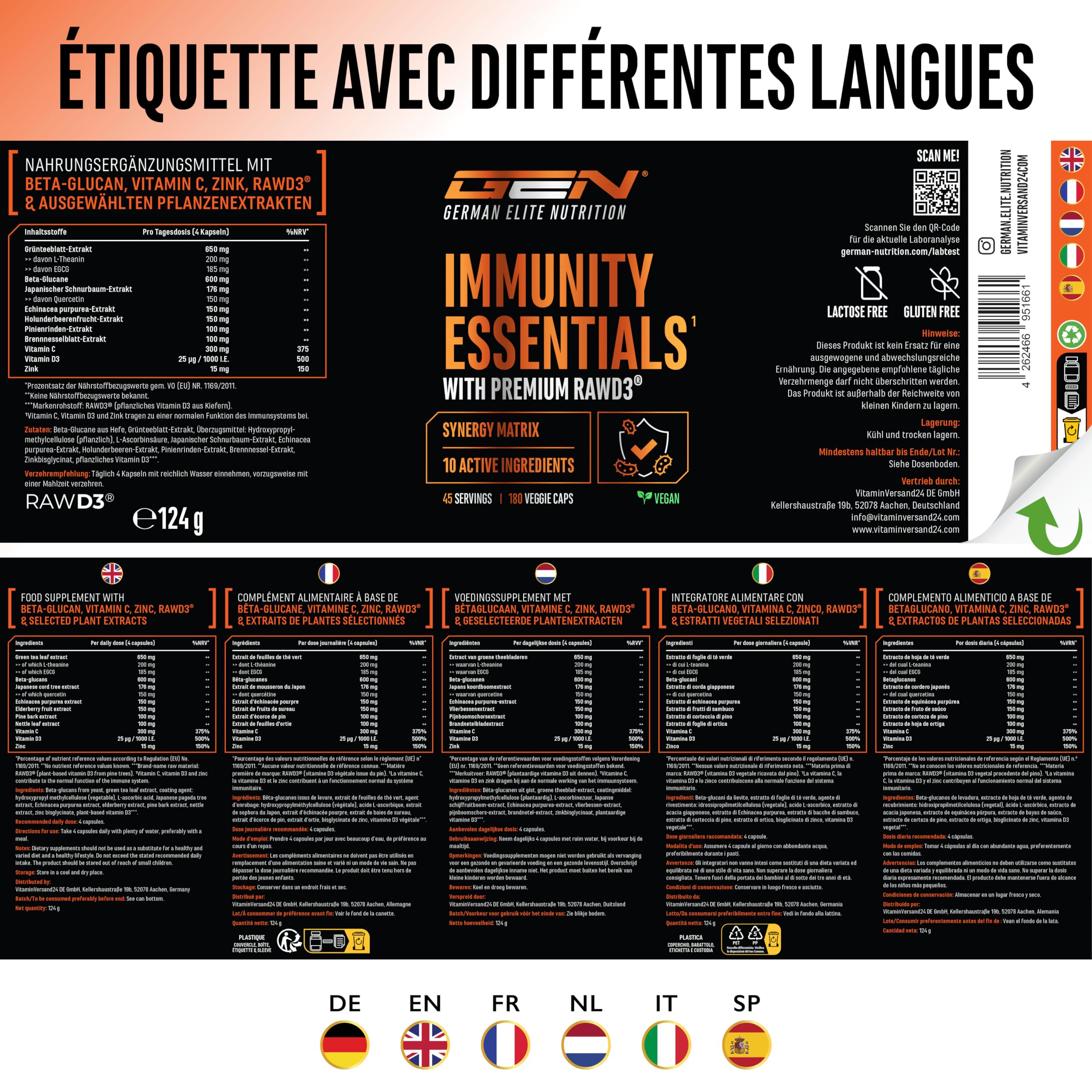 Immunity Essentials Complexe – 180 gélules avec bêta-glucane, vitamine C, D3 (RAWD3®), zinc, quercétine, échinacée, sureau et extraits végétaux – hautement dosé, végan