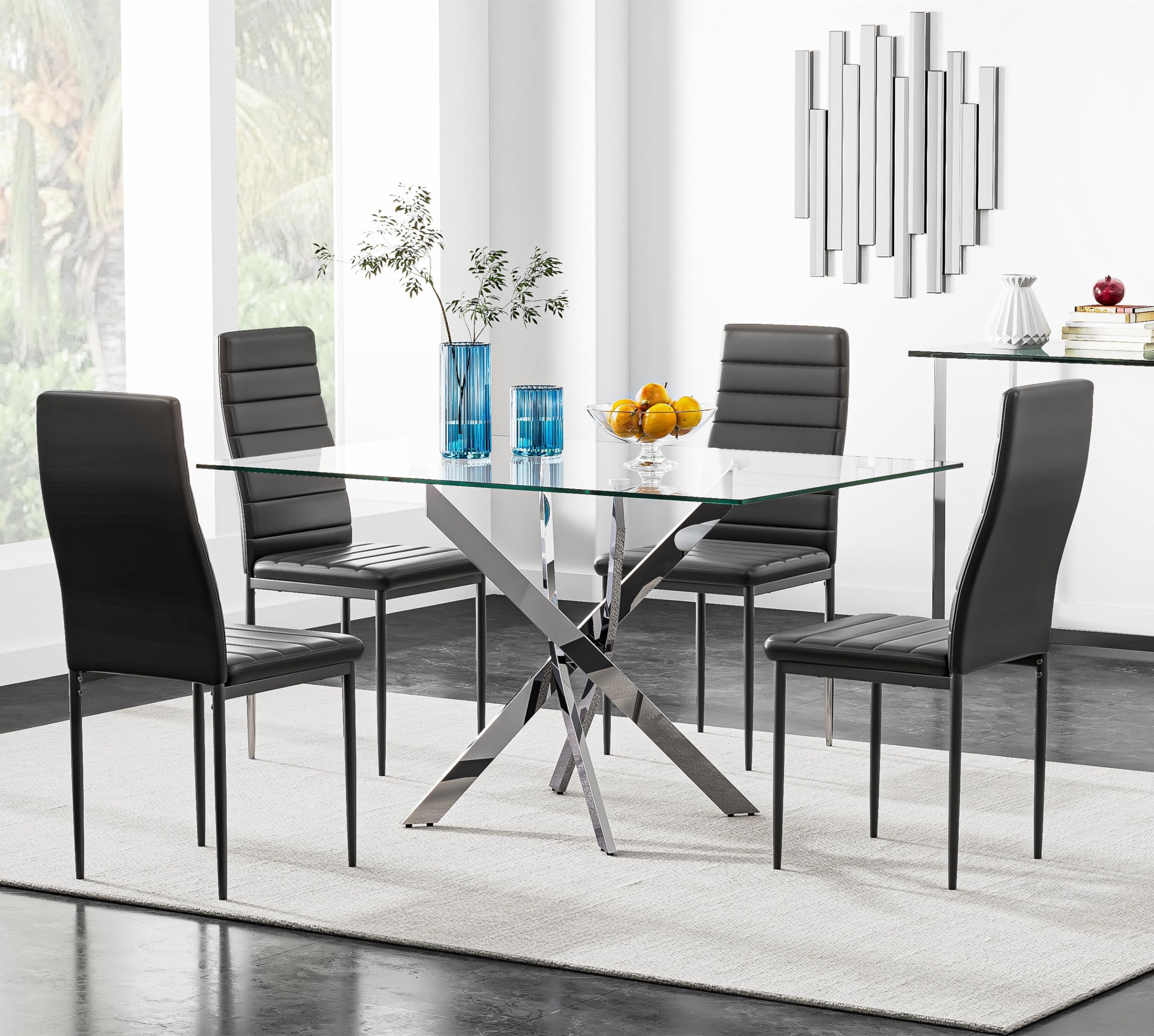 5 Piece Dining Table Set, Tempered Glass Dining Set for 4, with 4 Upholstered Chairs (Silver Table, Black Chairs)