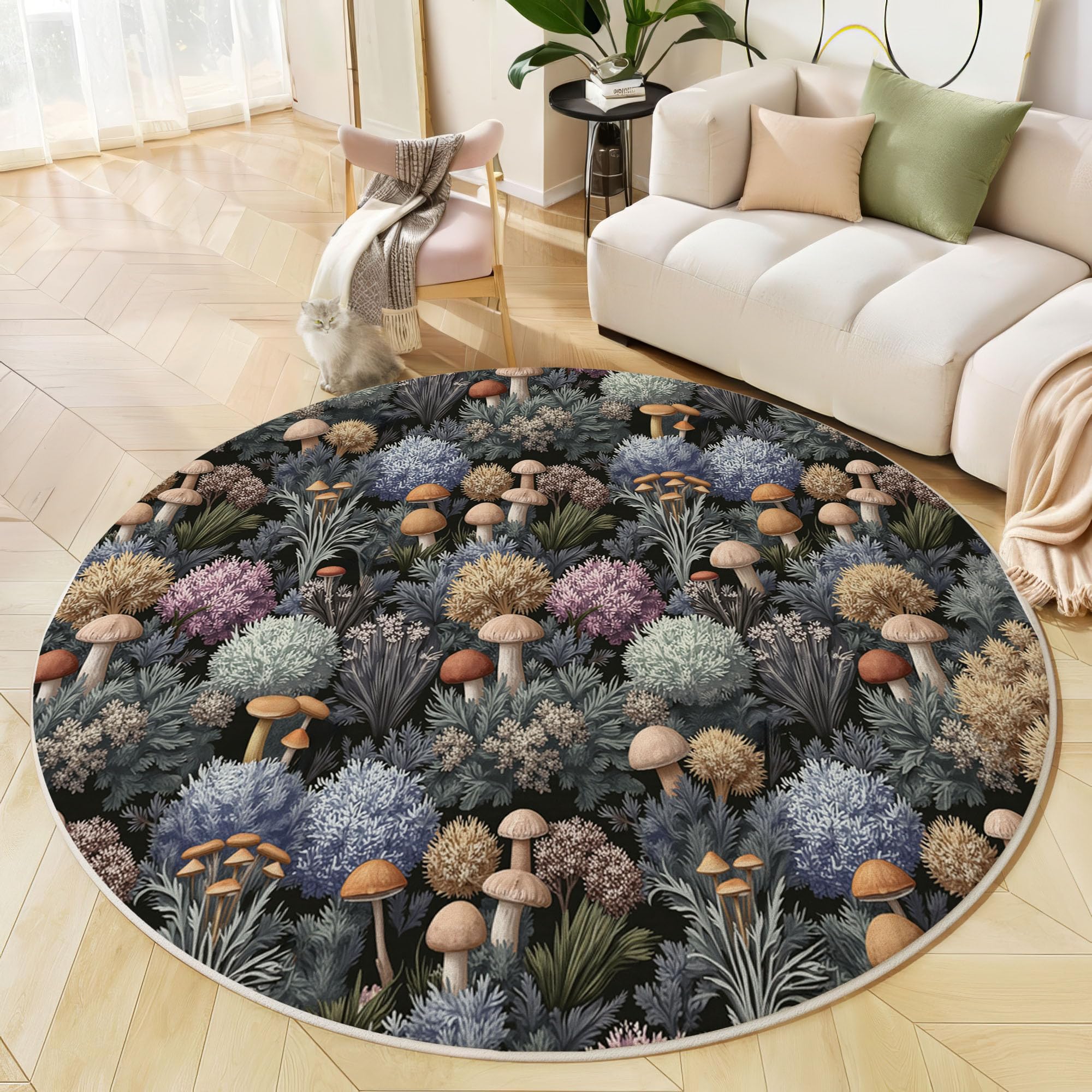 Tapis rond forêt de champignons rétro lavable pour créer un coin lecture cosy et nature
