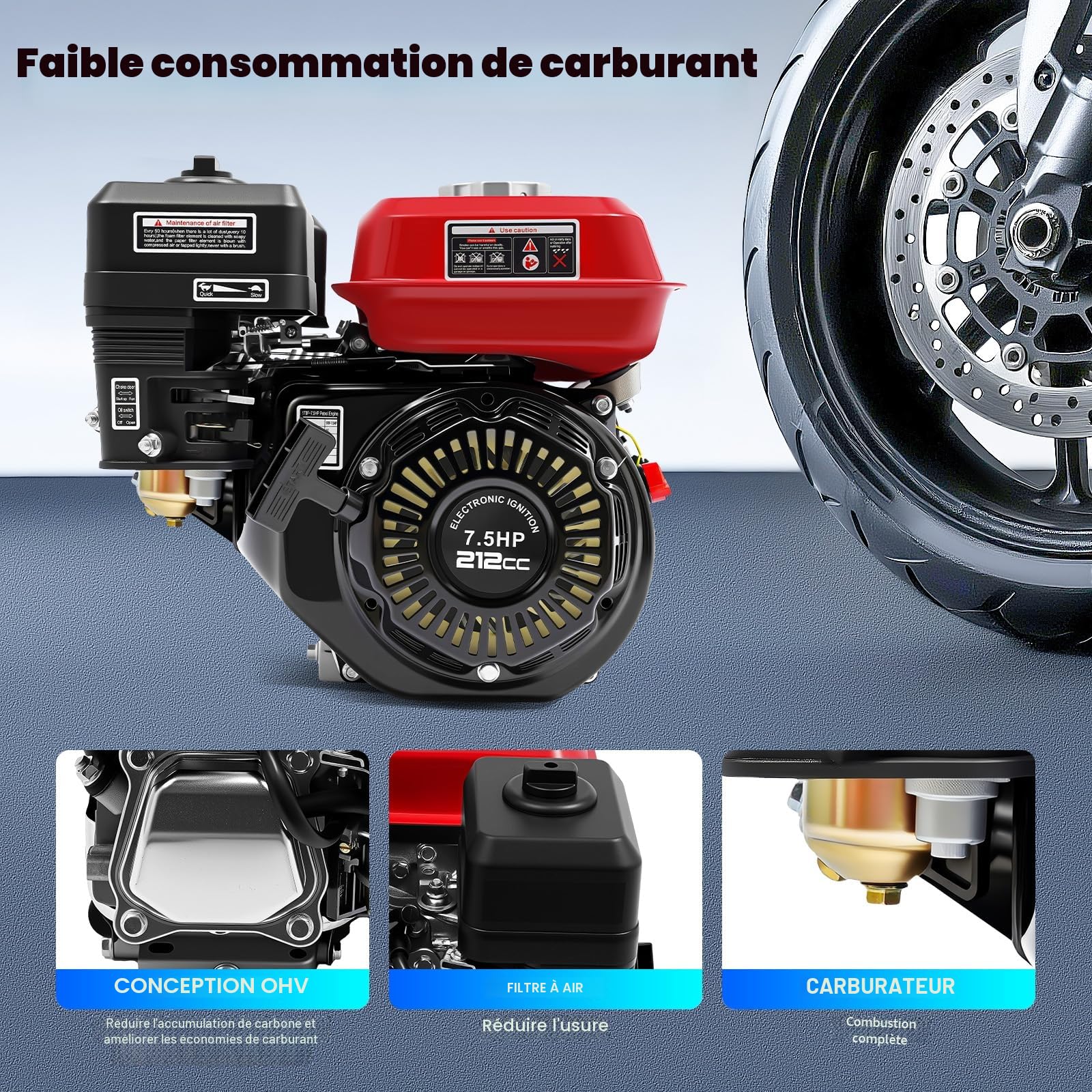 Moteur Thermique 4 Temps 7,5CV Moteur Karting 212cc à essence OHV Monocylindre, Alarme manque d'huile, Refroidissement à air, 20 mm Arbre