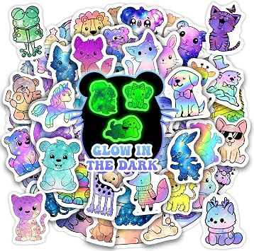 Glow in The Dark Holographic Animals Water Bottle Stickers for Kids, 70 Pcs Vinyl Waterproof Decals for Laptop, Phone Case Scrapbooking Decor for Teens Girls Boys Adults