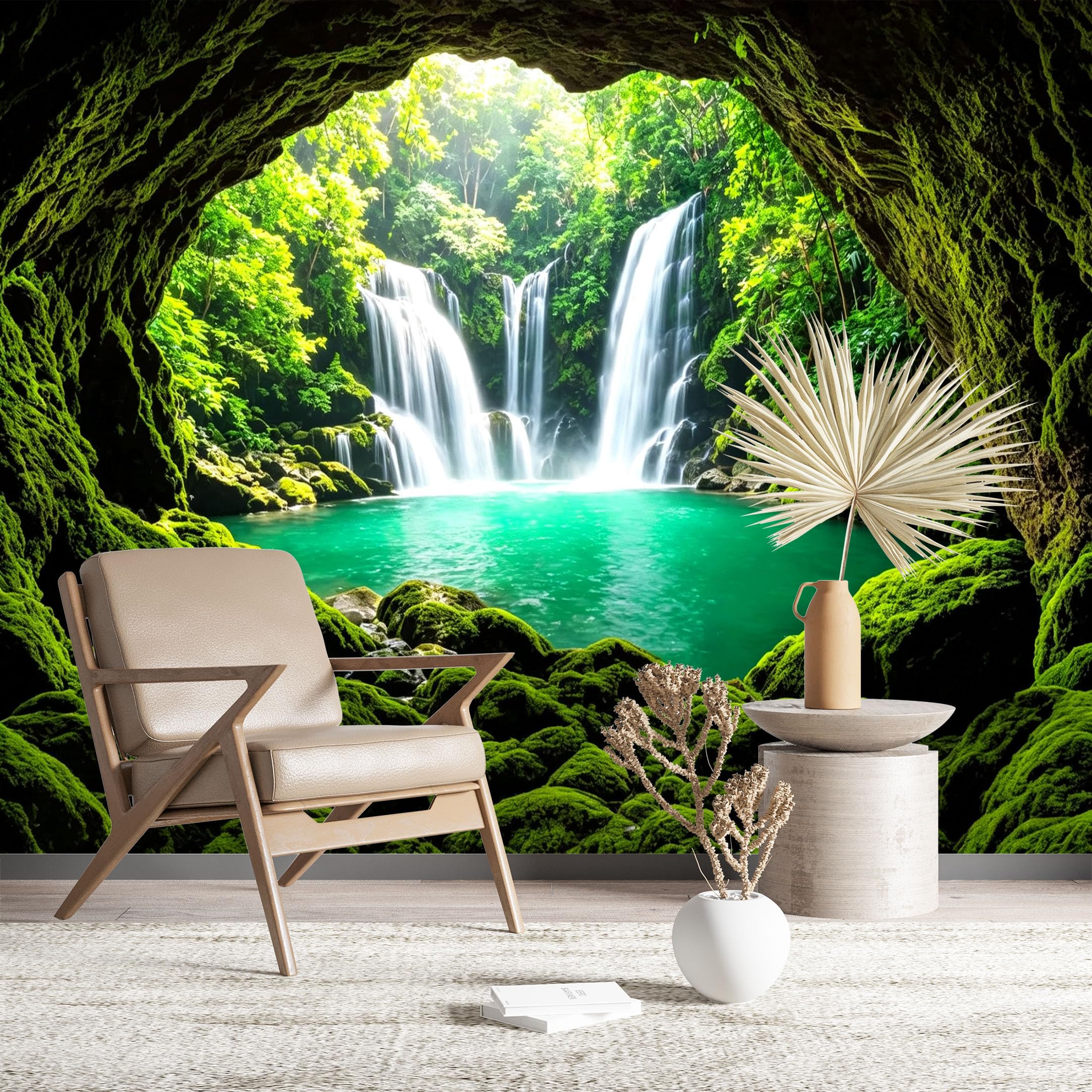 Custom Size Wall Murals Lush Rainforest Waterfall Cave Wall Stickers Self-Adhesive Wall Fabric (NO PVC) Removable Wallpaper for Living Room Home Decor