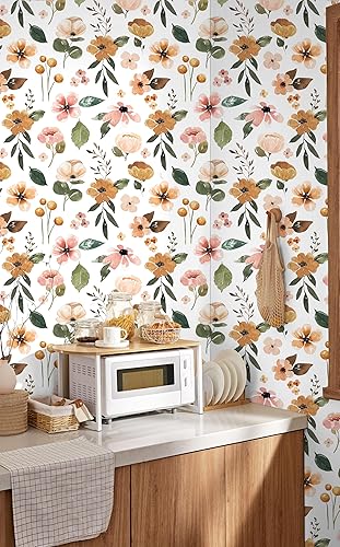Miniatura 10 de HAOKHOME 93246-2 Papel tapiz floral para despegar y pegar, papel de contacto extraíble texturizado blancoamarilloverde para dormitorio y baño, 17.7