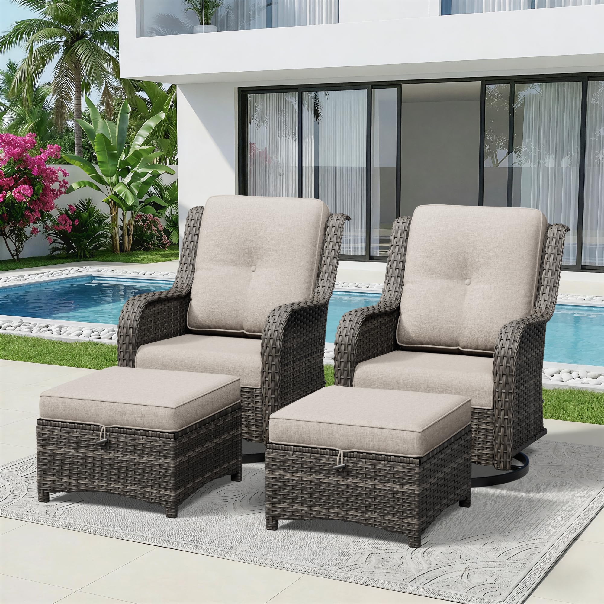 4 Piece Outdoor Wicker Patio Furniture Set, Outdoor Swivel Rocker Patio Chairs Set with Thickened Olefin Cushions, High Back and Deep Seating, Hand-Woven PE Rattan, Ottoman for Porch, Deck