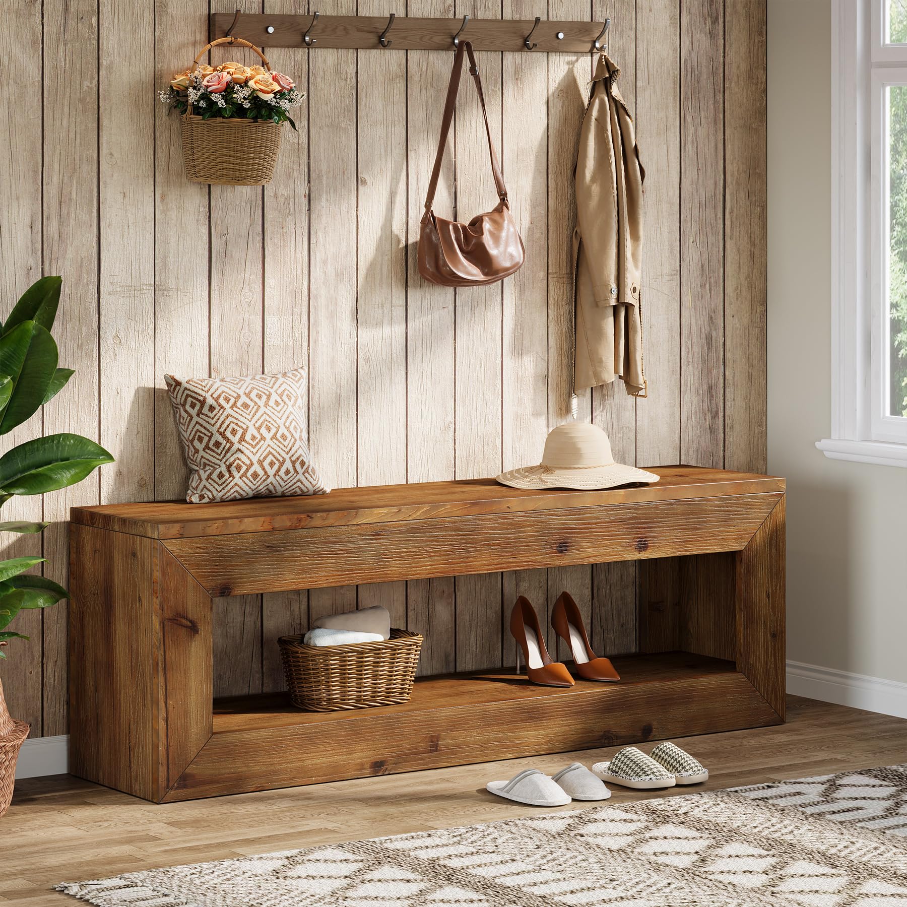 Solid Wood Entryway Bench, 47" Rustic Farmhouse Indoor Bench Seat with Storage Shelf for Entrance, Hallway, End of Bed