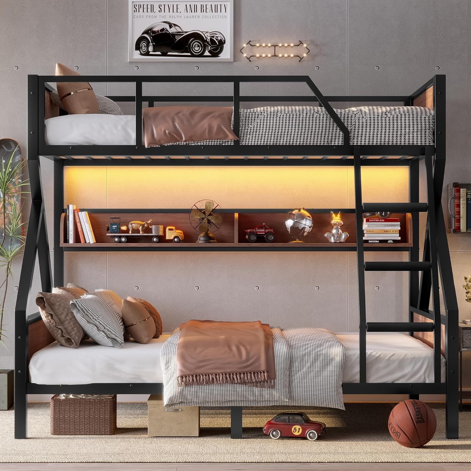 Bellemave Bunk Beds Twin Over Full Size with Storage Shelves & LED Light, Metal Twin Over Full Bunk Bed Frame with Wood Board & Sturdy Slats, Heavy Duty Bed Frame, Noise Free, Black