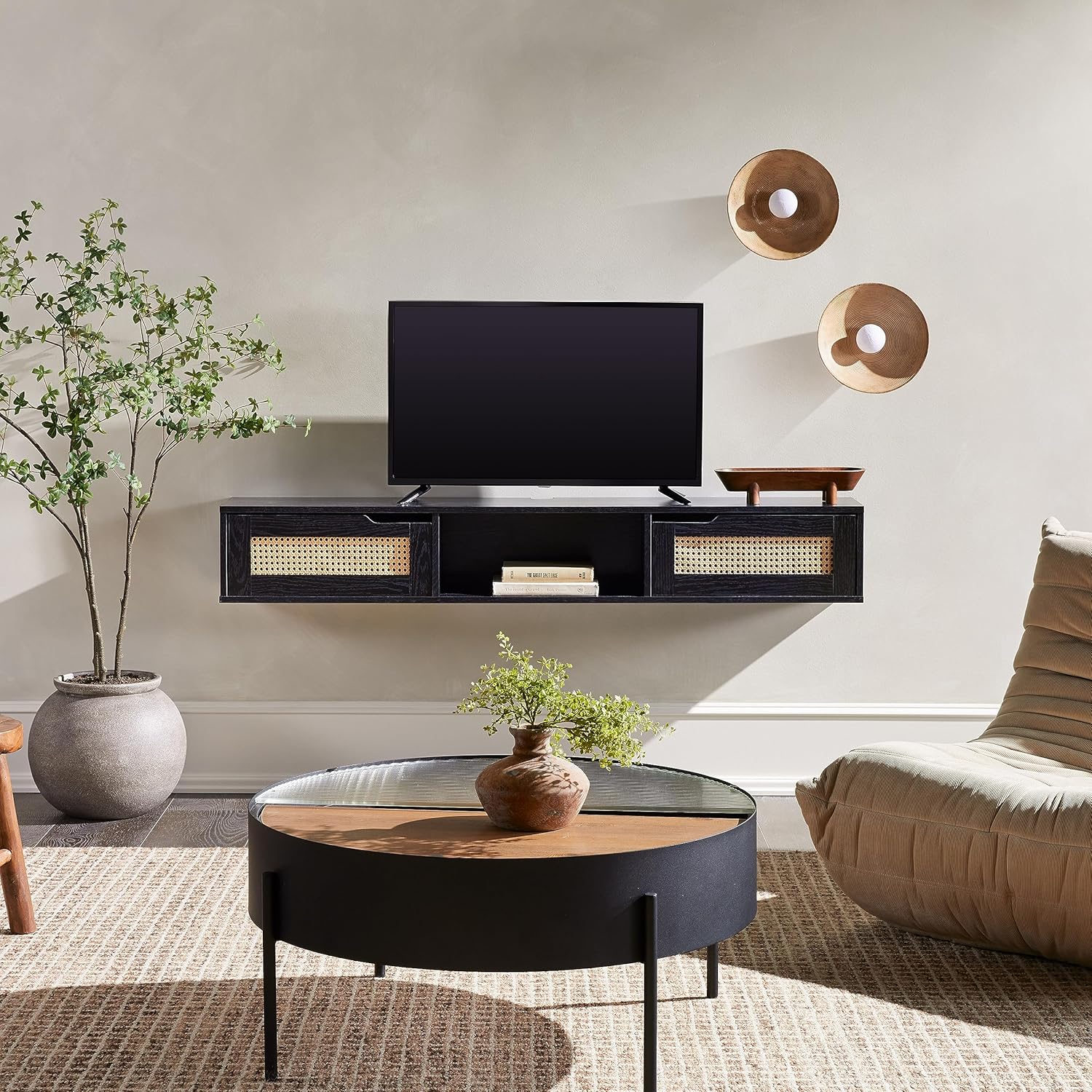 Walker Edison Destin Modern Rattan Flip-Down-Door Wall-Mounted Floating TV Stand for TVs up to 65 Inches, 58 Inch, Black
