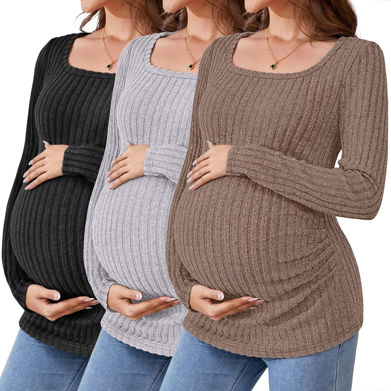 Ficerd 3 Pack Women's Maternity Tops, Long Sleeve Pregnancy Sweaters Scoop Neck Ribbed Knit Casual Pregnant Tee Shirts