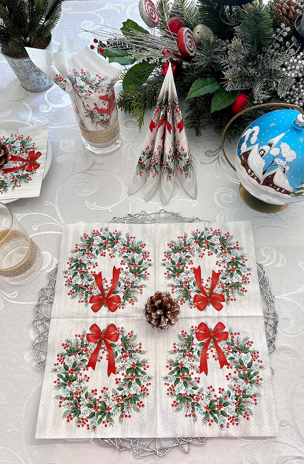 Wreath with Rowan Flower Napkins Disposable, 20 Count 13 Inch Lunch Napkins Disposable, Soft 3-Ply Decorative Paper Napkins for Decoupage Disposable Printed in Poland