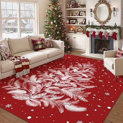 Miniatura 7 de Alfombra de Navidad 5 x 7, roja, lavable, antideslizante, para festividades, con renos y árbol de Navidad, para sala de estar, dormitorio, comedor,