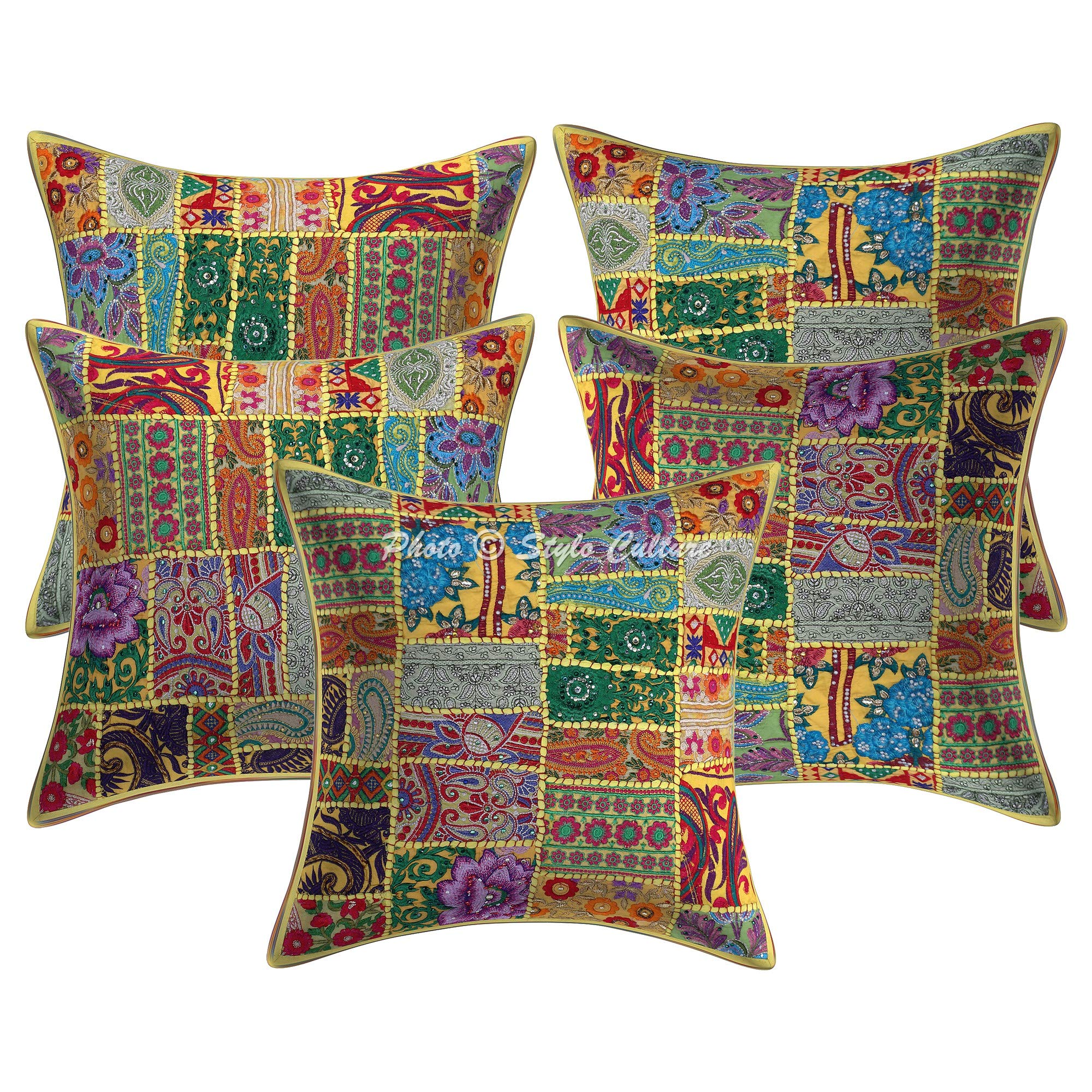 Ethnisch Dekorativ Baumwolle Sofa Kissenbezüge 45x45 cm Zitronengelb Dekokissen Vintage Patchwork Wohnzimmer Couch Kissenhullen Abstrakt Quadrat Umschlagverschluss Kissen Bezüge - 5 Stk.