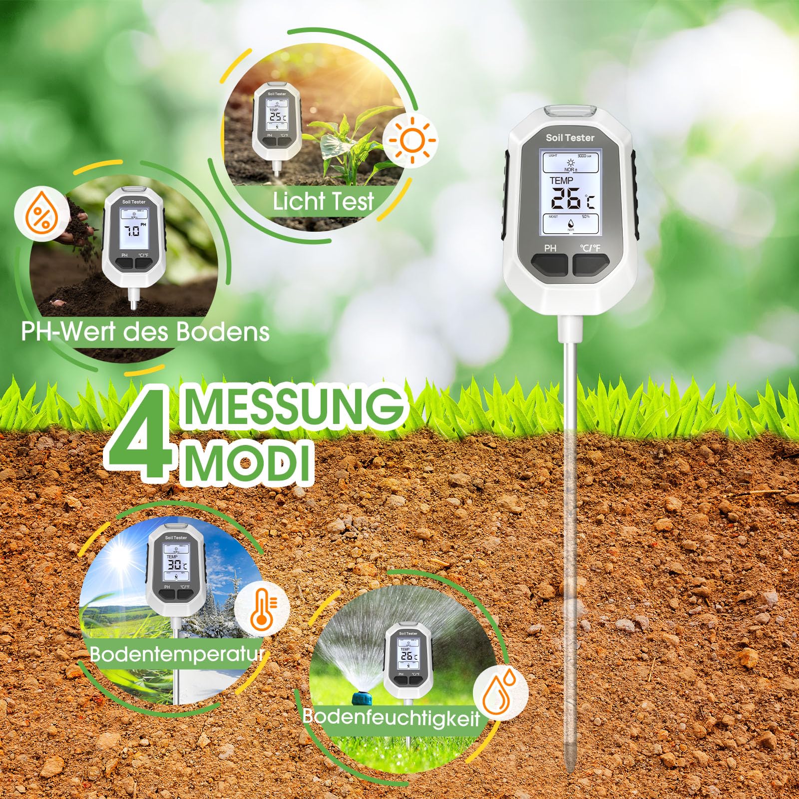 YAMRON ph messgerät Erde, 4-in-1 Digital Plant bodenmessgerät with PH Value/Temperatur/Feuchtigkeit/Licht für Gartenarbeit, Farm, Rasen, Landwirtschaft und Outdoor-Pflanzen