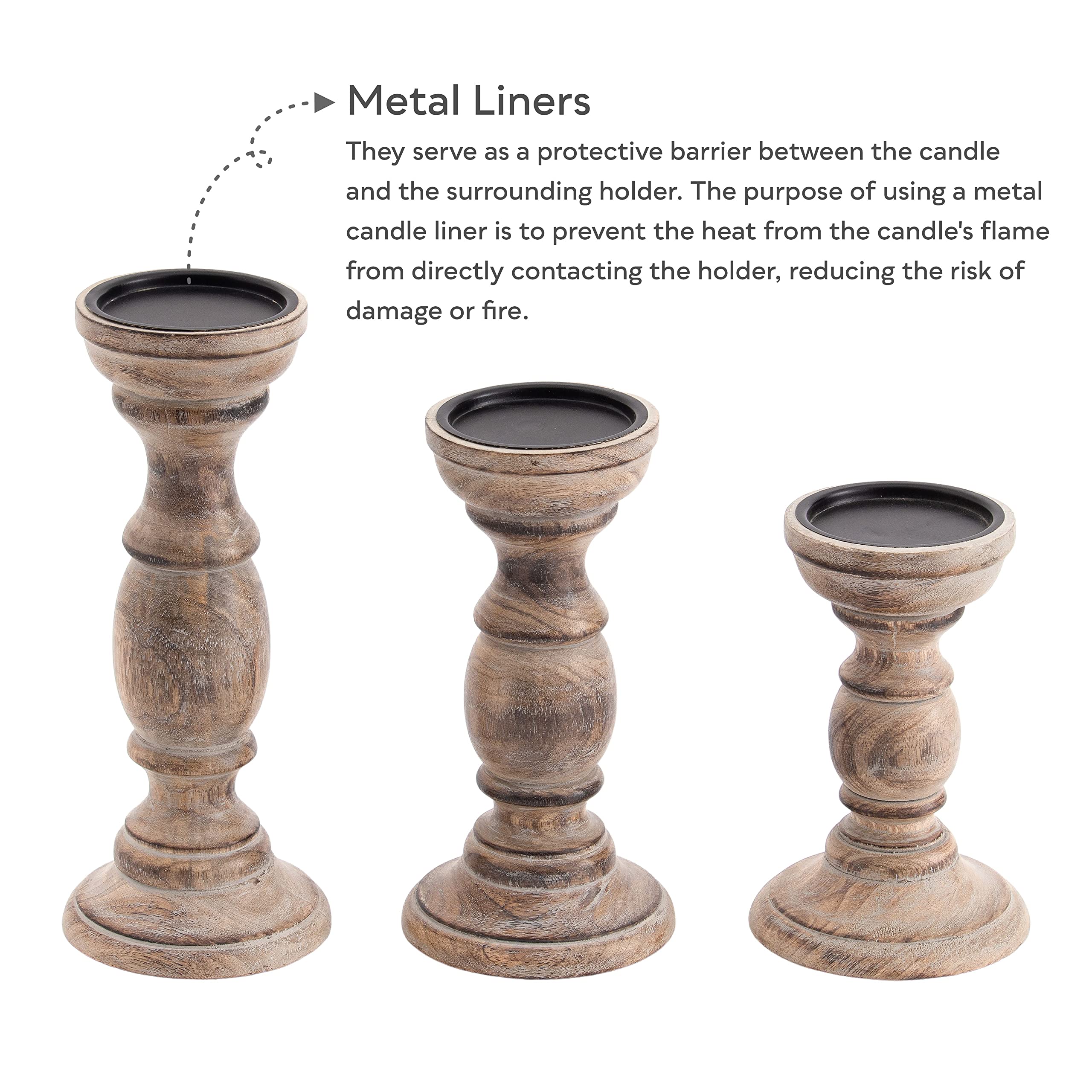 JFY Designs | Constantine Hand Carved Solid Wood Candle Holder | Pillar Candle Holders | Decorative Candlestick Holder for Home Décor, Wedding, Dinning, | Burnt Natural | Set of 3 | 8
