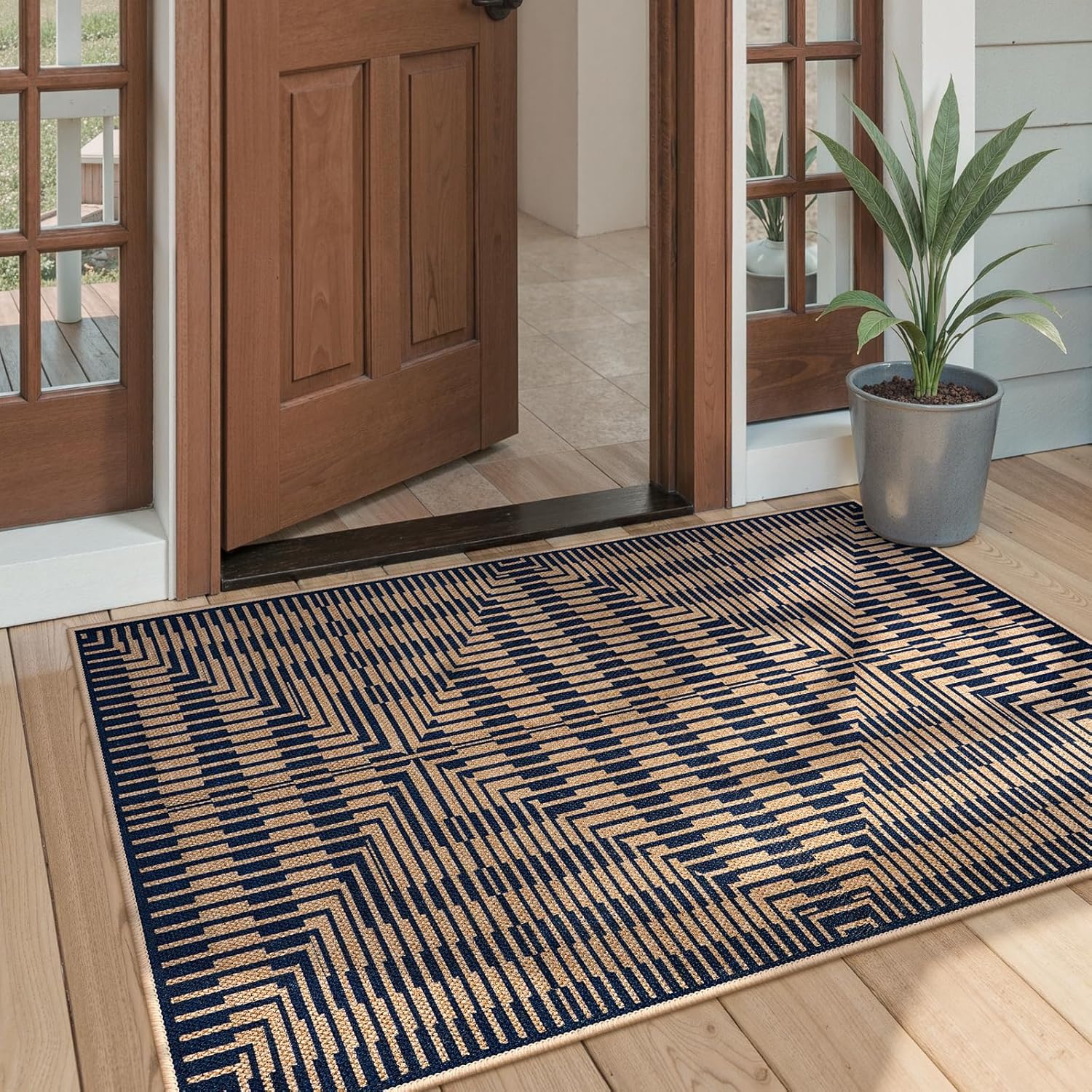 LIVEBOX Jute Look Area Rug 3x5 Indoor Front Door Mat, Washable Outdoor Porch Rugs Non Slip, Boho Geometric Striped Diamond Accent Rug for Entryway (3'x5', Dark Blue) - Image 5