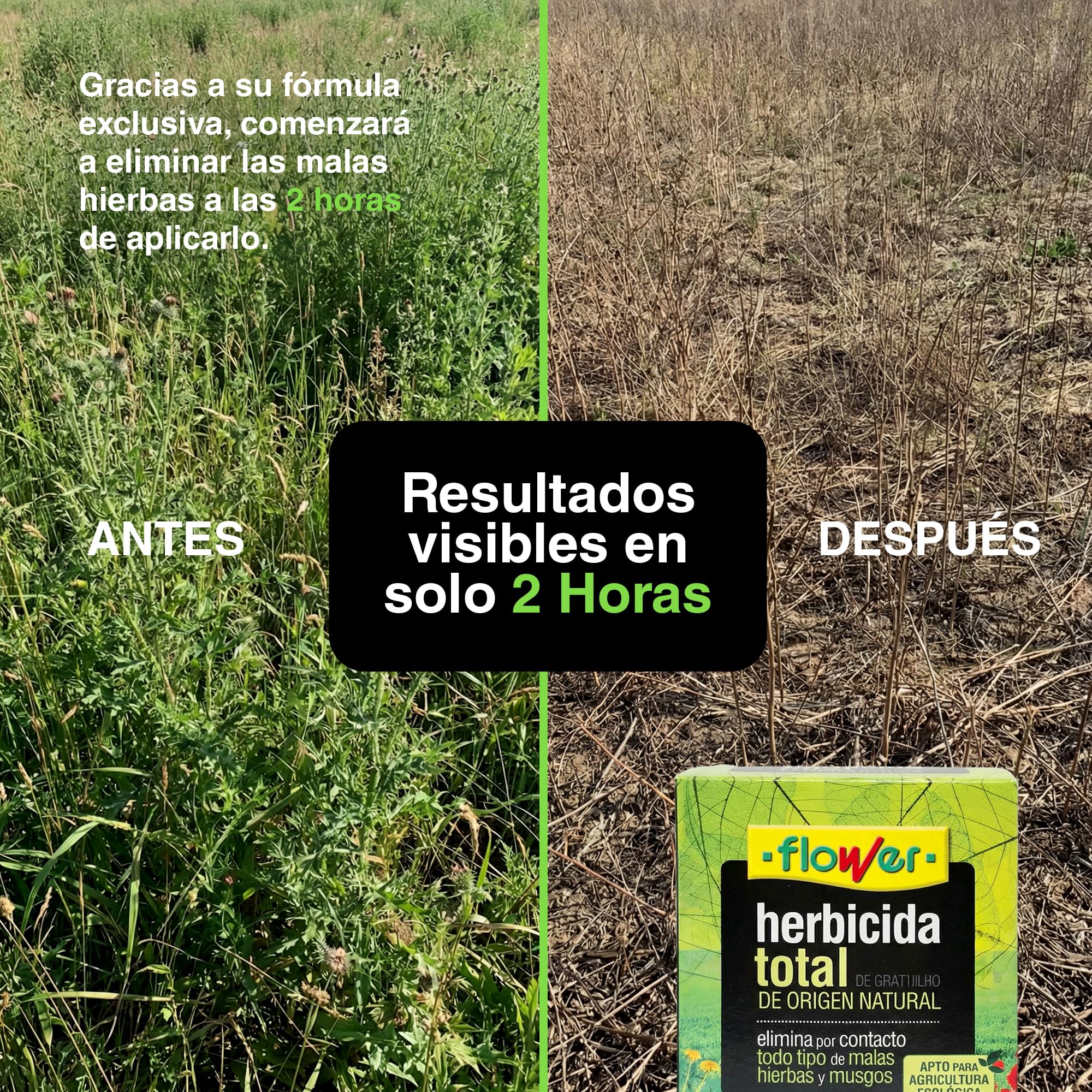 FLOWER x3 Herbicida Total Ecológico Origen Natural 450 m² | Elimina Malas Hierbas y Musgos | Alternativa Glifosato | Resultados 2 Horas | 750ml + Dosificador Diluir 15L Agua | Súper Concentrado
