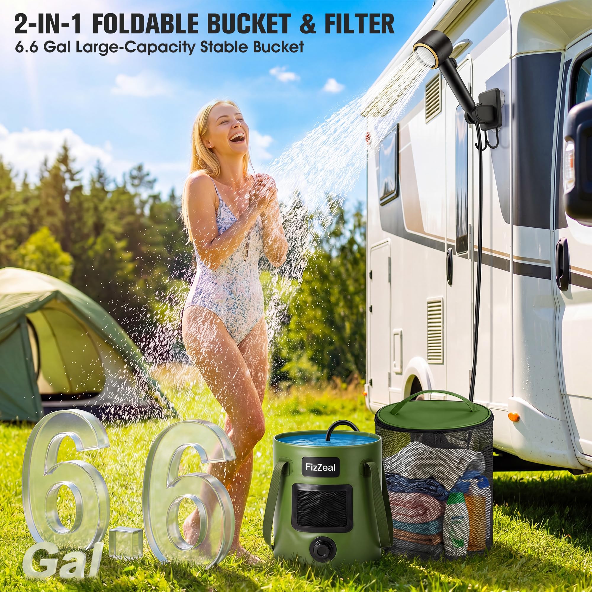 Doccia portatile per campeggio, 8000 mAh, ricaricabile, portatile, con secchio pieghevole da 6,6 galloni, 5 velocità e display a LED, kit di risciacquo, portatile, per campeggio, viaggi, escursionismo