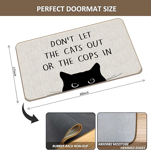 Miniatura 3 de Felpudo de gato, 17 x 30 pulgadas, negro, patrón de gato de dibujos animados, antideslizante, resistente al agua, estilo moderno, adecuado tanto