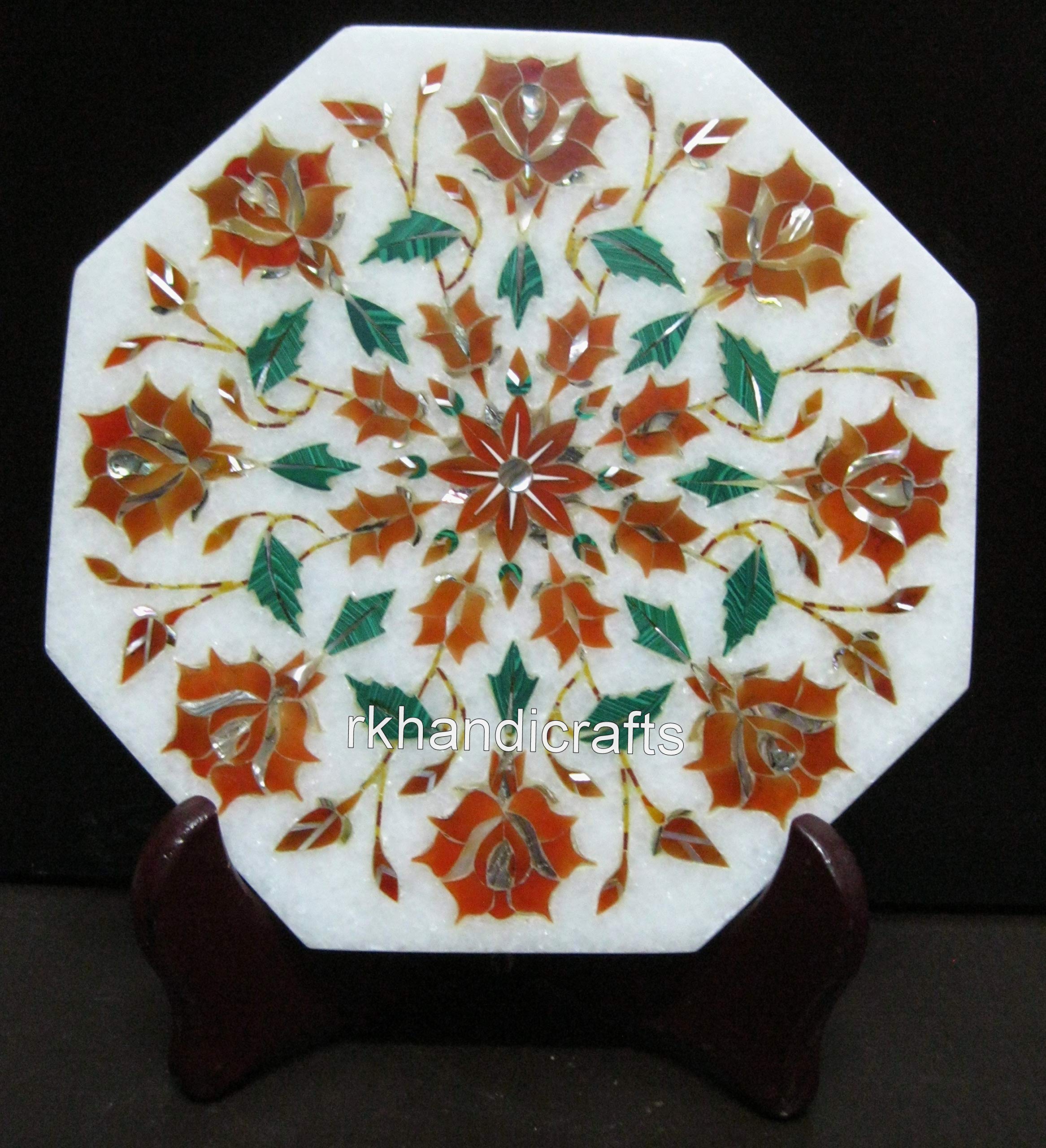 Vintage Marble Tea Pot Stand with Carnelian & Malachite Stone Inlay Work 7 x 7 Inches Kettle Stand for Champagne Bottle Holder | Housewarming Gift | Kitchen Decor Accents