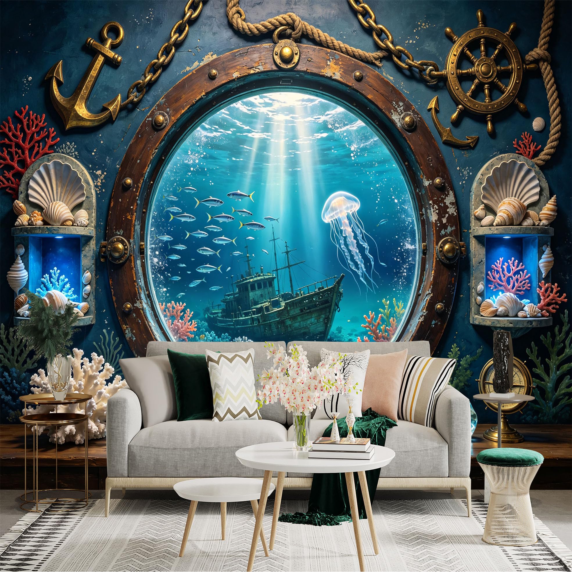 Custom Size Wall Sticker Mural， Underwater Shipwreck Ocean View， Nautical Porthole and Coral Reef， for wall Decoration， peelandstick wall Decals.