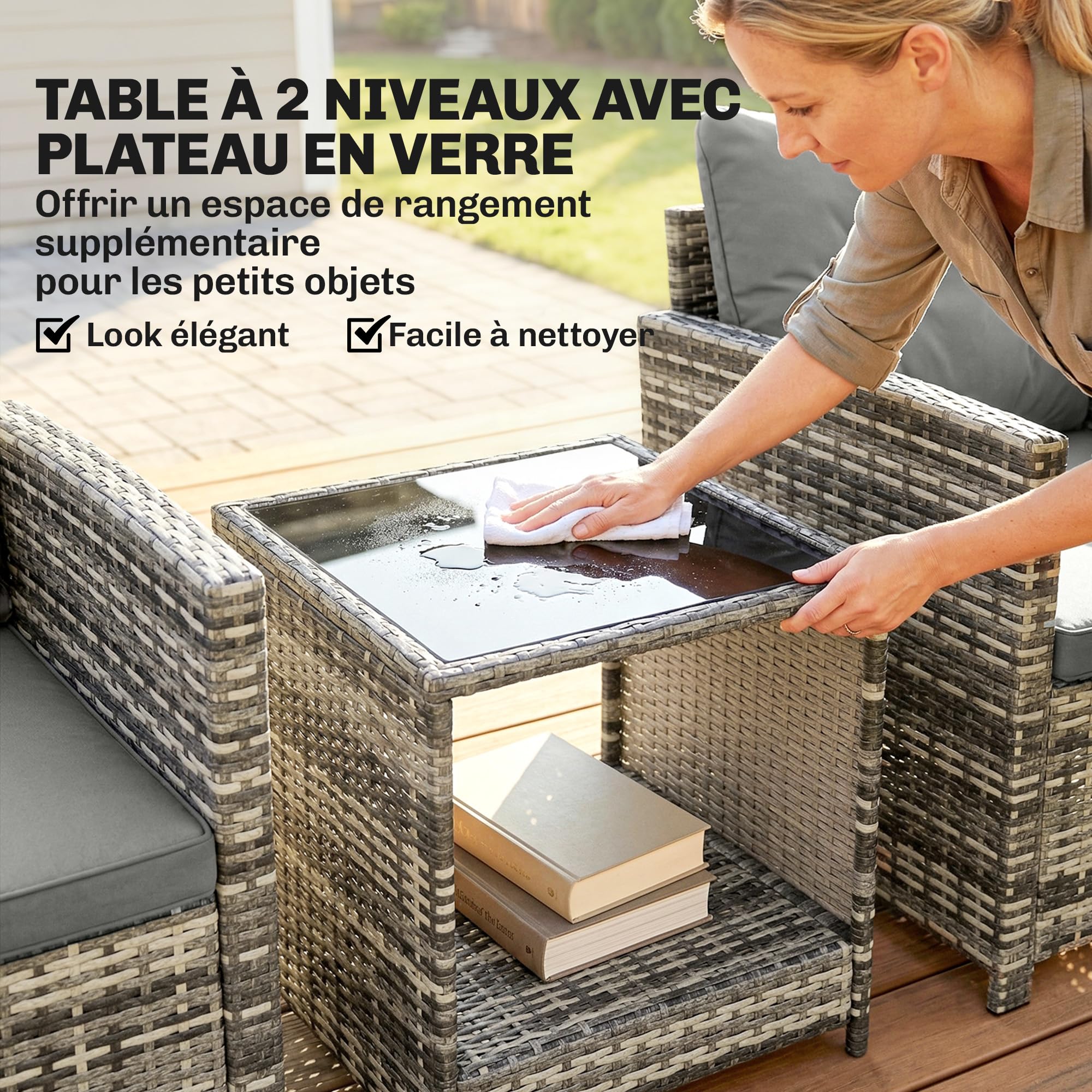 Outsunny Salon de Jardin Extérieur 3 Pièces en Résine Tressée Gris Clair | avec Table de Rangement, 2 Fauteuils, Coussins Déhoussables, Mobilier Terrasse Patio Balcon