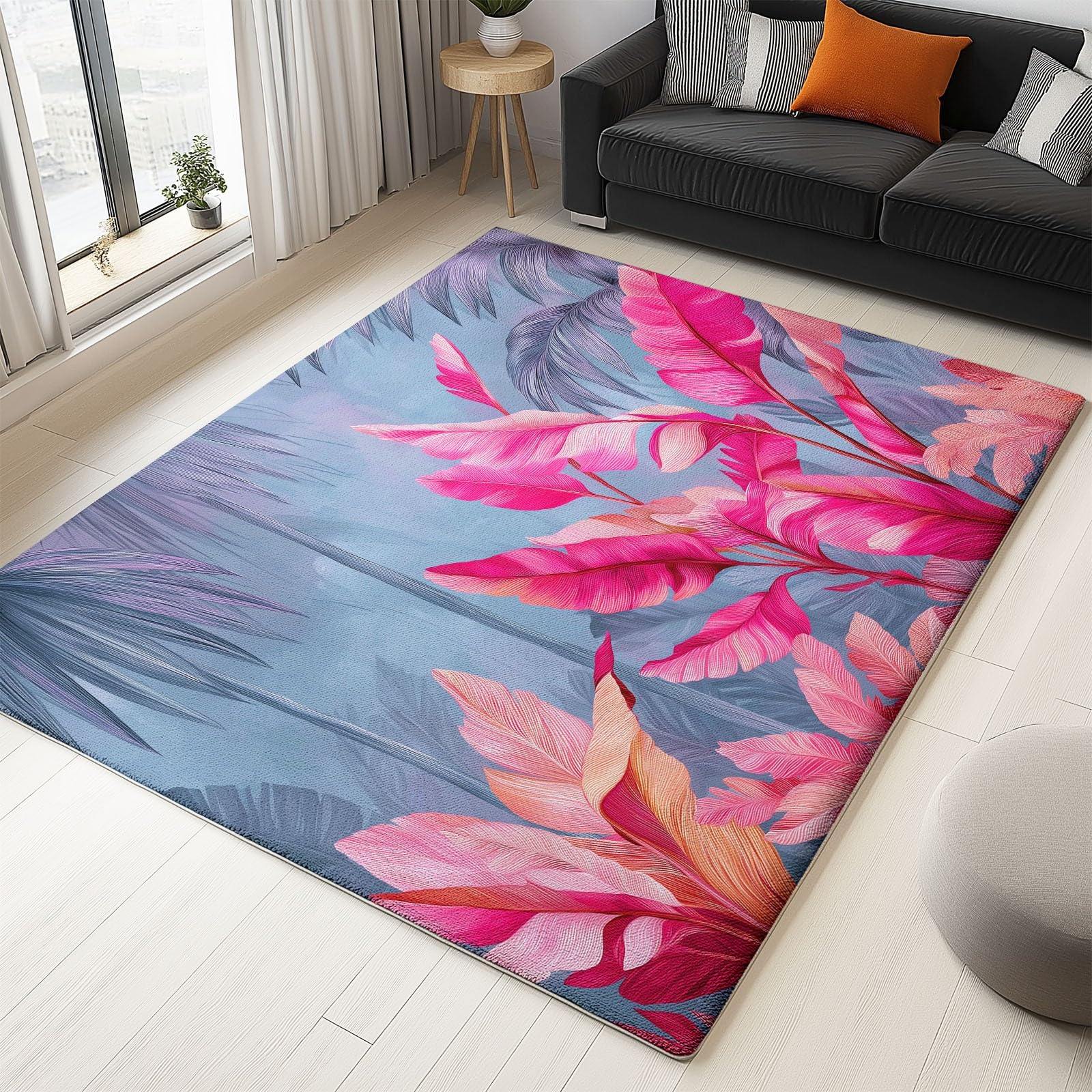Tapis salon moelleux 140x200 cm aux motifs de feuilles et fleurs