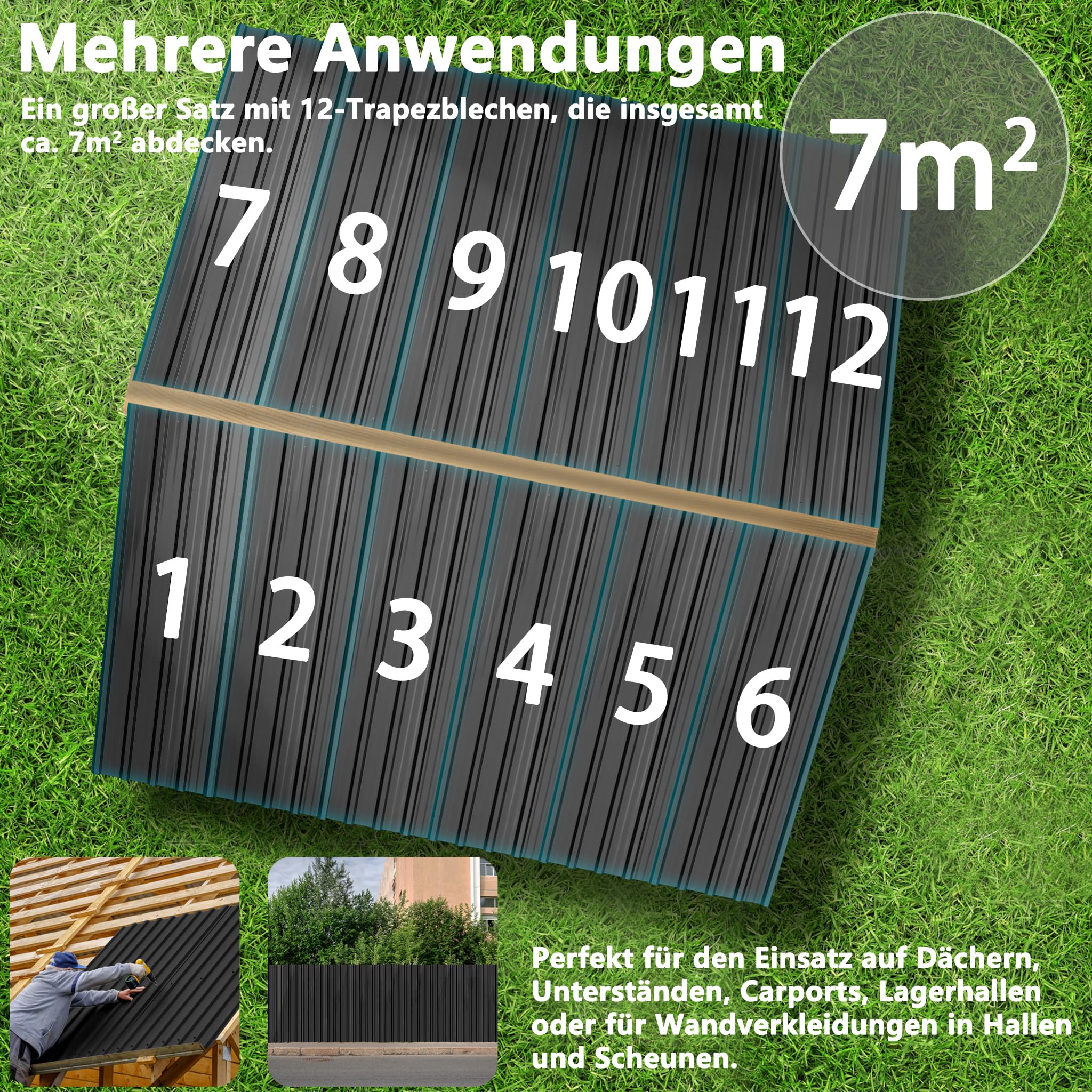 YRHome 24er Dachbleche Trapezblech 129,5x45cm Stahlblech Formblech Platten Dachplatten Wetterfest Wellblechplatten Verzinkter Stahl für Garagen Dach inkl. Schrauben und Handschuhe - Typ A Schwarz