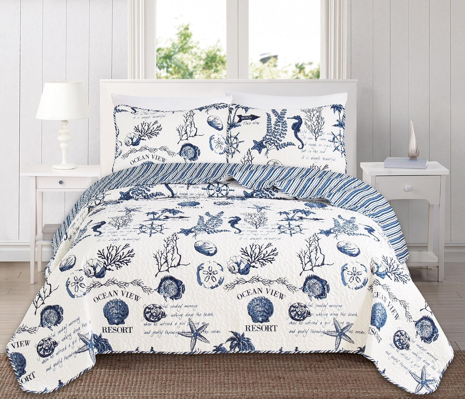 Great Bay Home 3-Piece King Reversible Lightweight Nautical Quilt Comforter with 2 Shams | All-Season, Coral, Beach Bedspreads | Coastal Coverlet Sets | Castaway Quilts Collection : Home & Kitchen