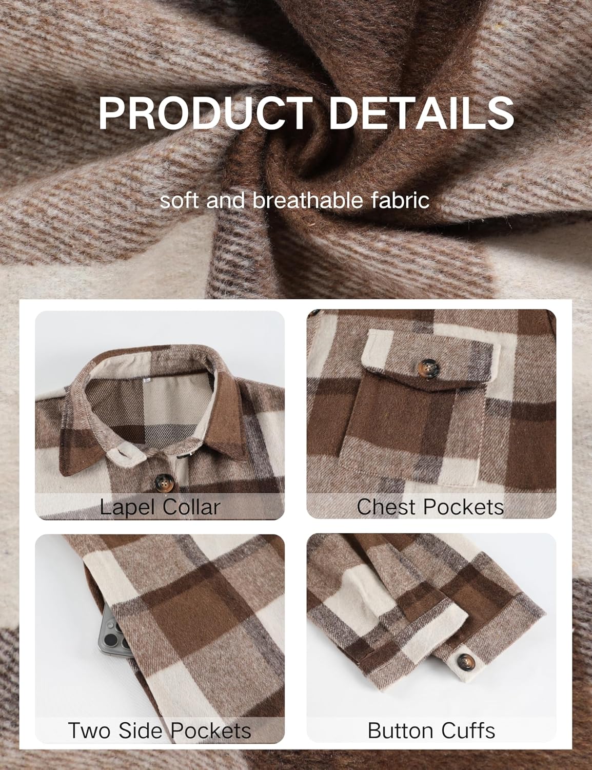 PUWEI Women's Long Flannel Plaid Jacket Shacket Cozy Lapel Button Down Shirt Jacket Fuzzy Trench Coat - Image 5