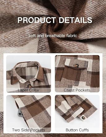 PUWEI Women's Long Flannel Plaid Jacket Shacket Cozy Lapel Button Down Shirt Jacket Fuzzy Trench Coat