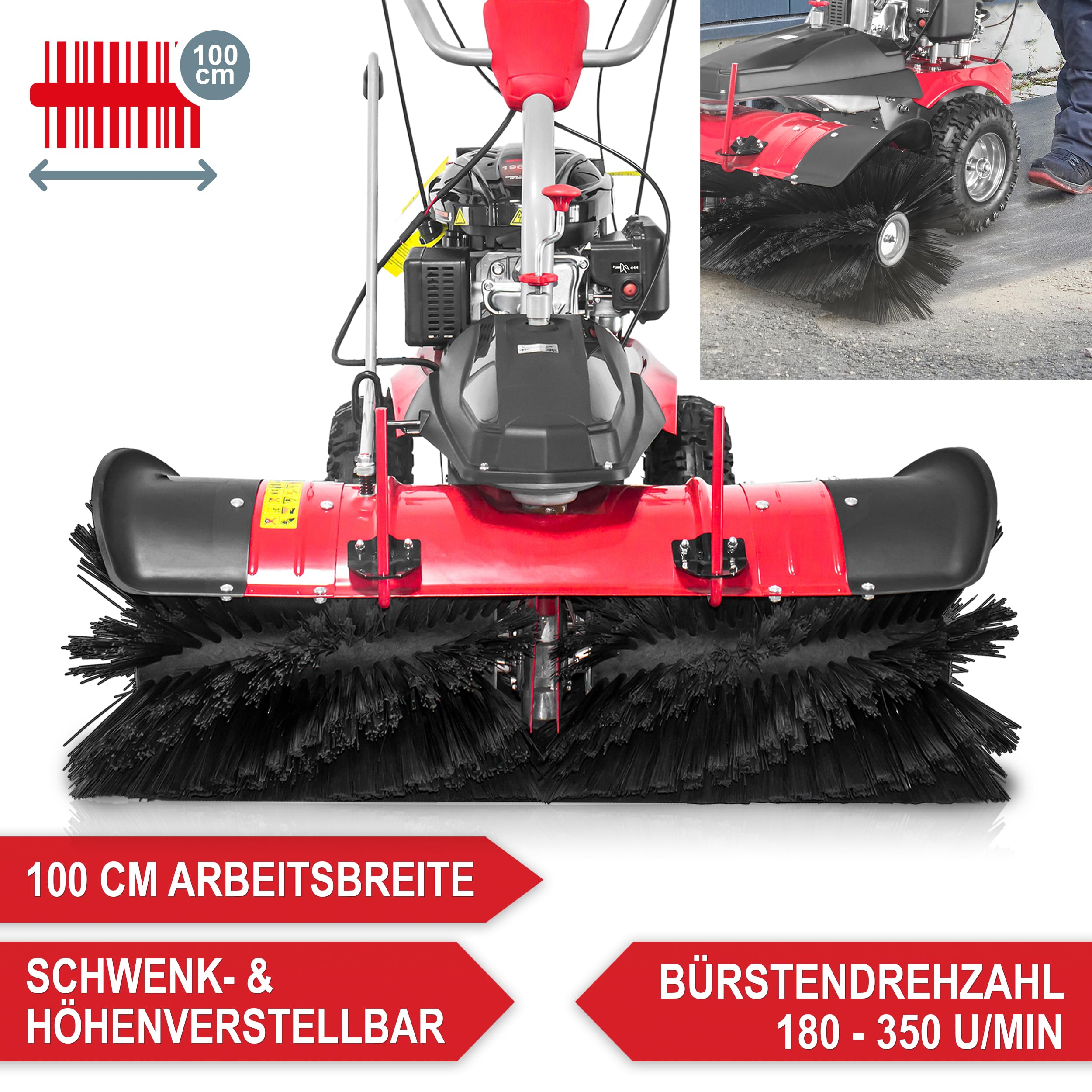 ONBEST Benzin Kehrmaschine 100 cm – mit Auffangbox & Schneeschild | 196 cm³ Motor, TÜV Rheinland geprüft, GS-Zertifikat – für große Außenflächen, Schmutz und Schneeräumen