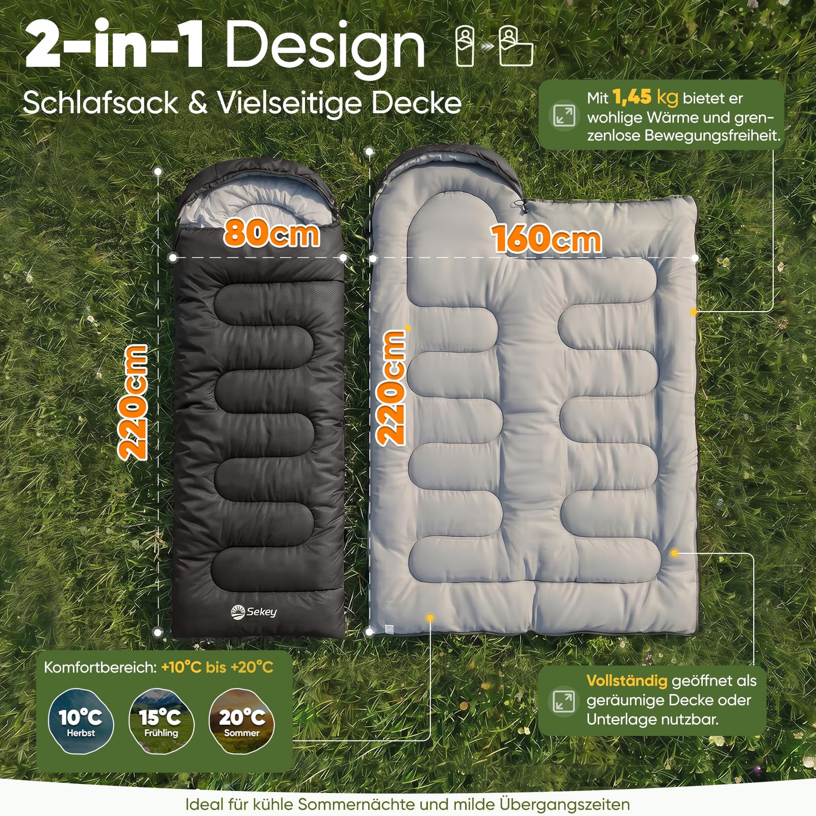 Sekey Schlafsack 220 x 80 cm - 1,45 kg 3-Jahreszeiten-Deckenschlafsack, 2-in-1 als Decke nutzbar, 10 °C bis 20 °C - Separate Fußbelüftung, Anti-Klemm-Reißverschluss - für Camping & Outdoor