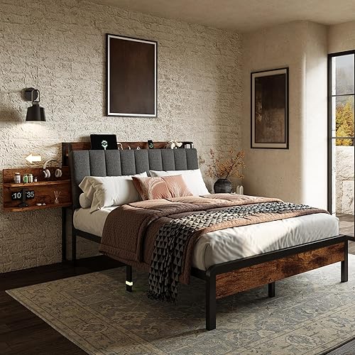 Queen Size Metal Bed Frame with 2-Tier Hidden Storage, Upholstered Platform Bed with Charging Station, Ergonomic Headboard & Heavy Duty Steel Slats, No Box Spring Needed, Noise-Free