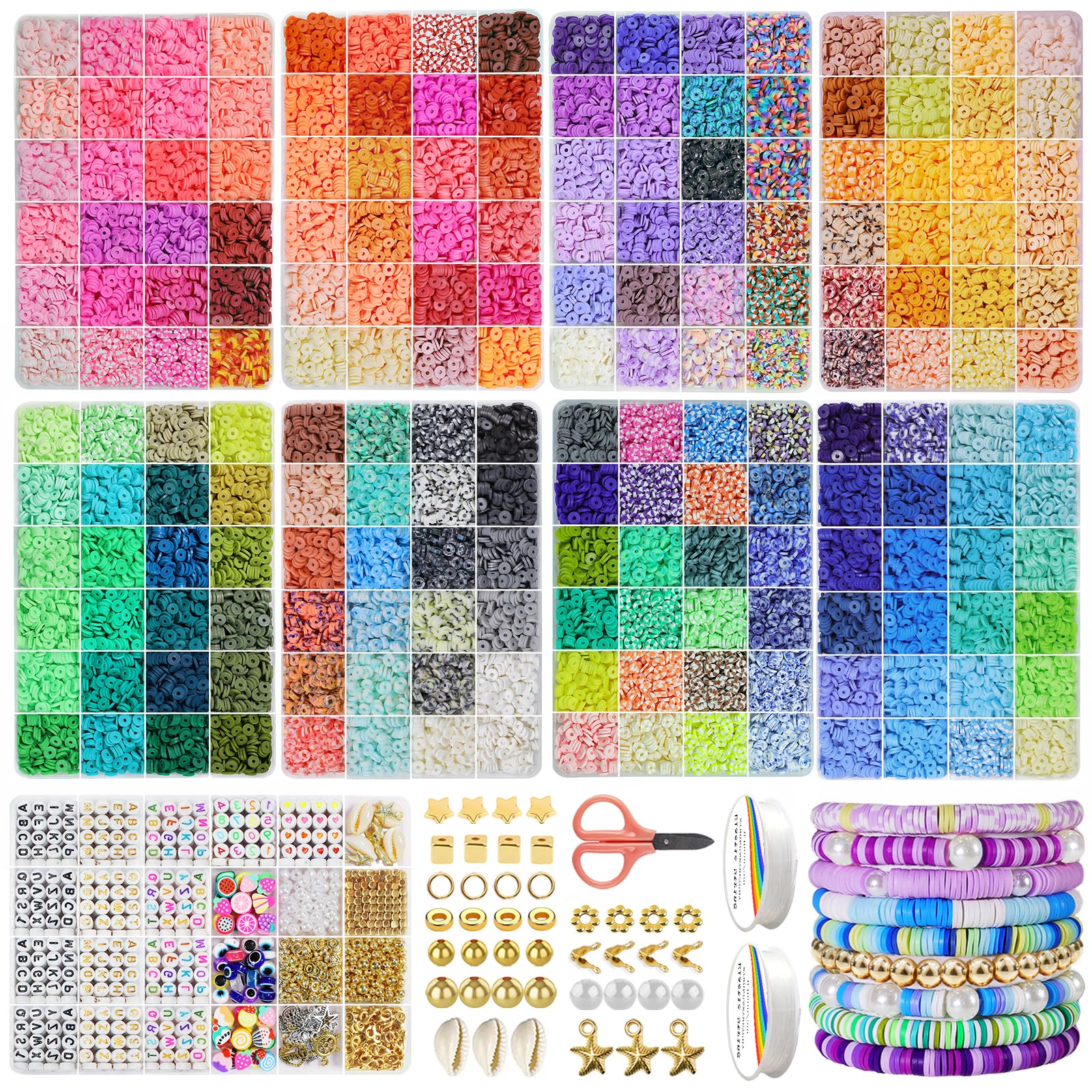 Fournine 45000 Pcs Clay Beads Friendship Bracelet Making Kit, 192 Colours 9 Boxes Flat Polymer Clay Heishi Beads Set for Jewelry Making with Letter Bead and Elastic String, Gifts for Girls 8-12