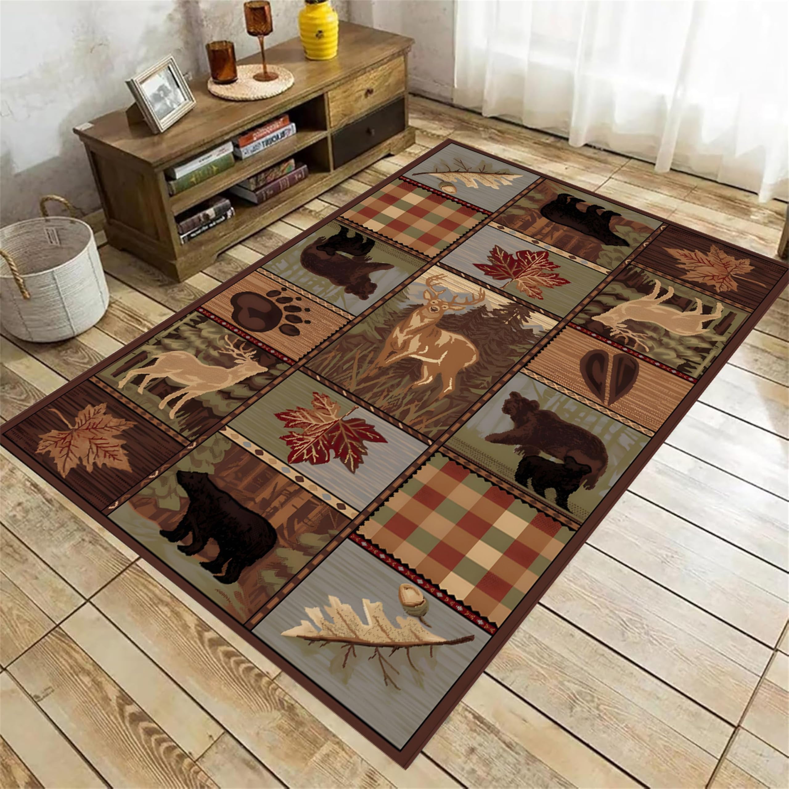 HONGXIU Vintage Bear Area Rug,3x5ft,Forest Wild Animal Bear Elk Interior Decor Non-Slip Brown Rug, Woodland Landscape Hunting Theme Rug, Non-Slip