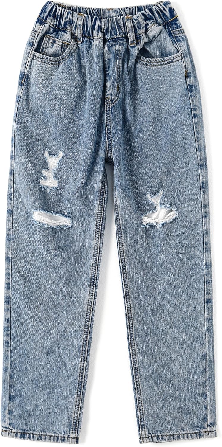 KIDSCOOL SPACE Girls Slim Fit Pull On Jeans,Ribbed Waistband Stretch Denim Pants