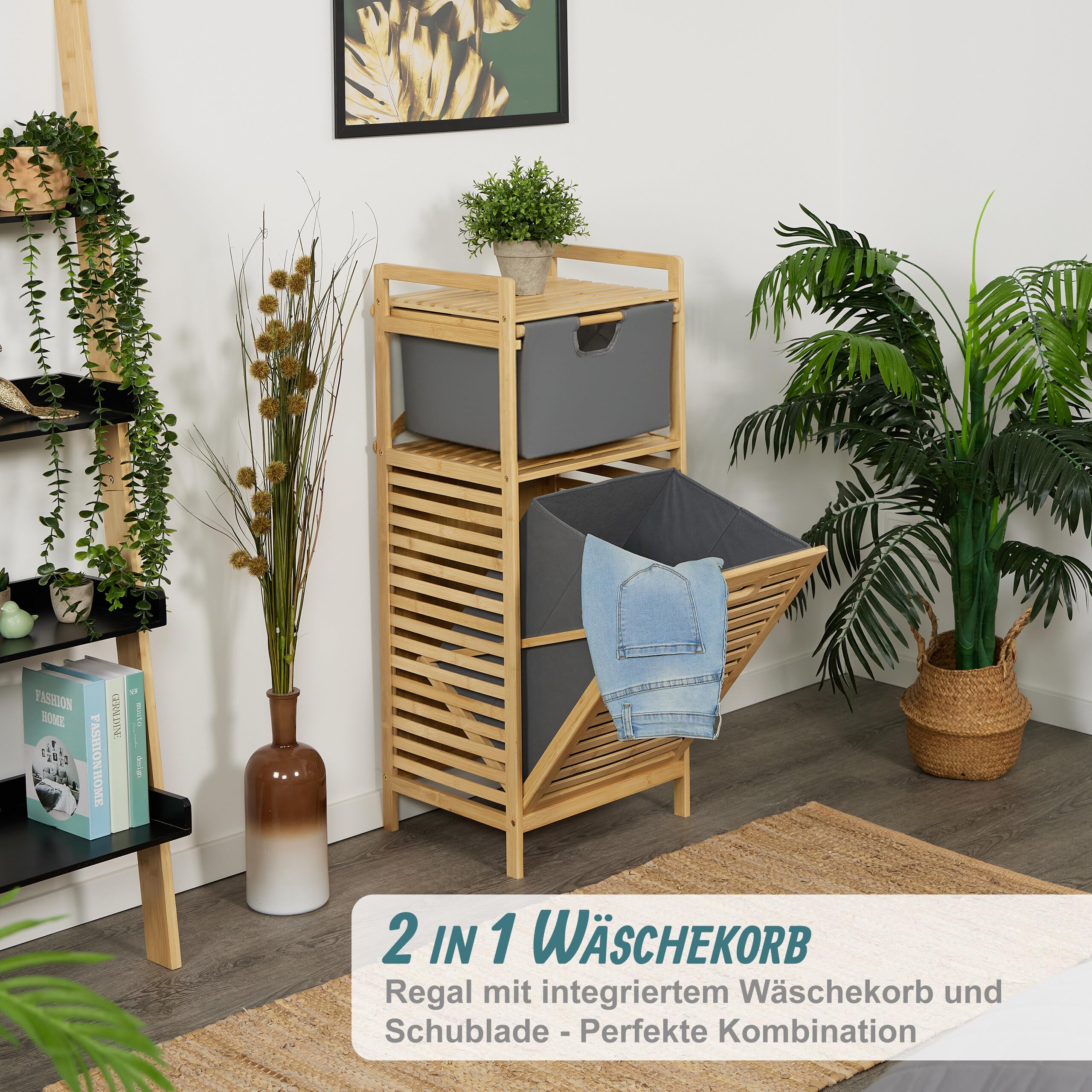Relaxdays Wäschekorb, kippbarer Wäschesammler, 30 Liter, Ablage & Schublade, Bambus, Stoff, HBT: 95x40x33 cm, natur/grau