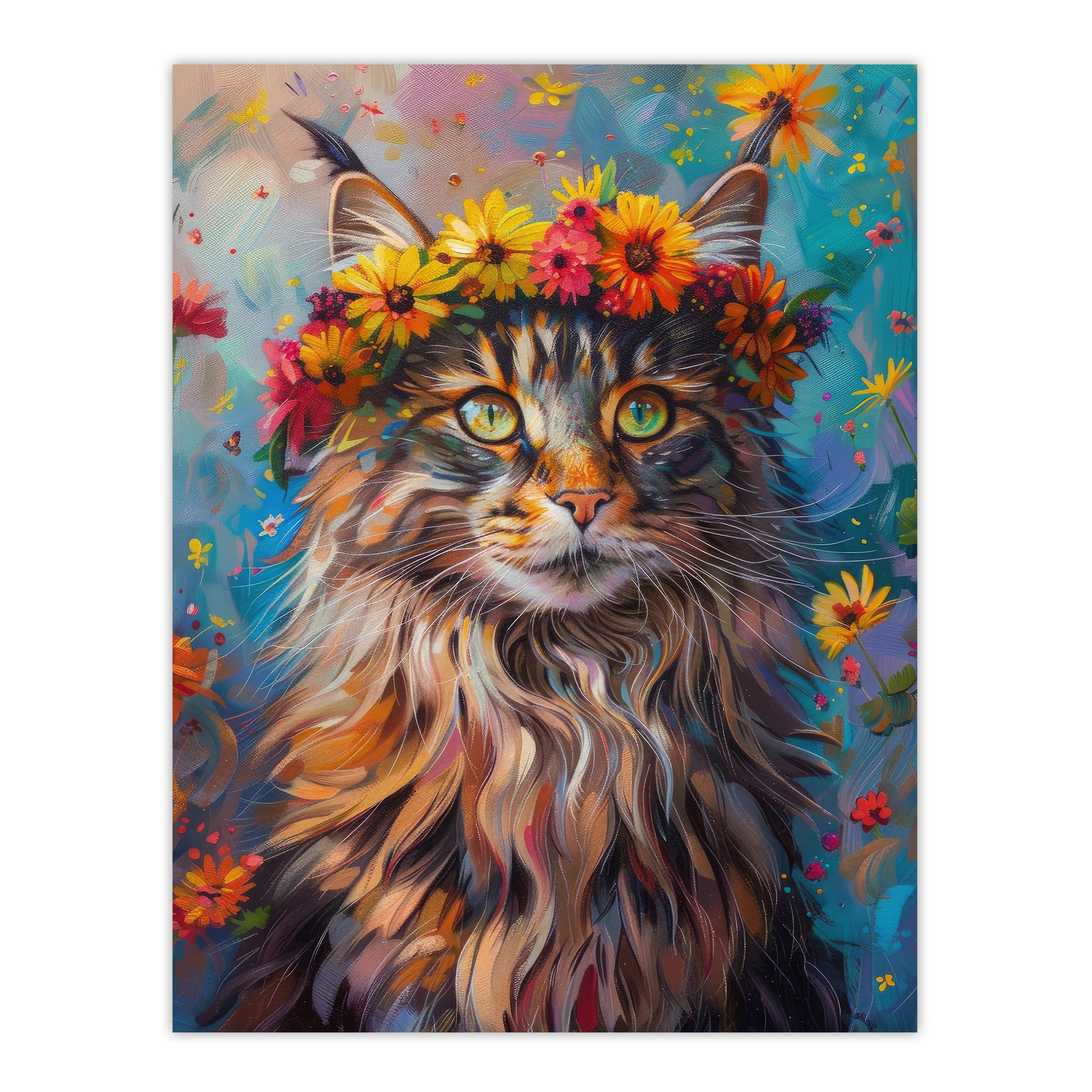 Artery8 Hippy Maine Coon Cat in Flower Crown Fun Abstract For Living Room Extra Large XL Wall Art Poster Print