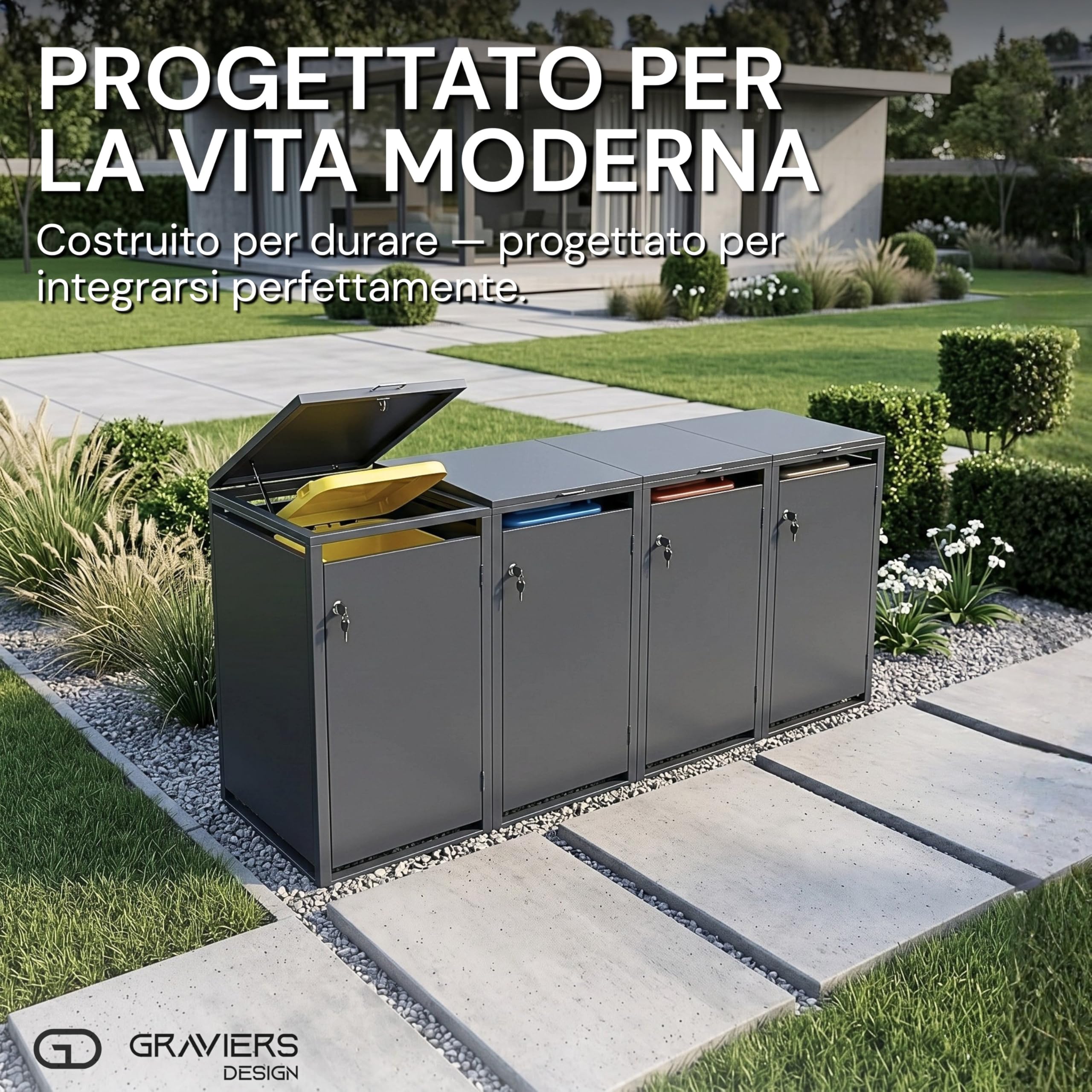 Ghiaiers - Set di 4 copribidoni fino a 240 litri, struttura in acciaio di alta qualità, bloccabile, resistente alle intemperie ed espandibile in modo modulare