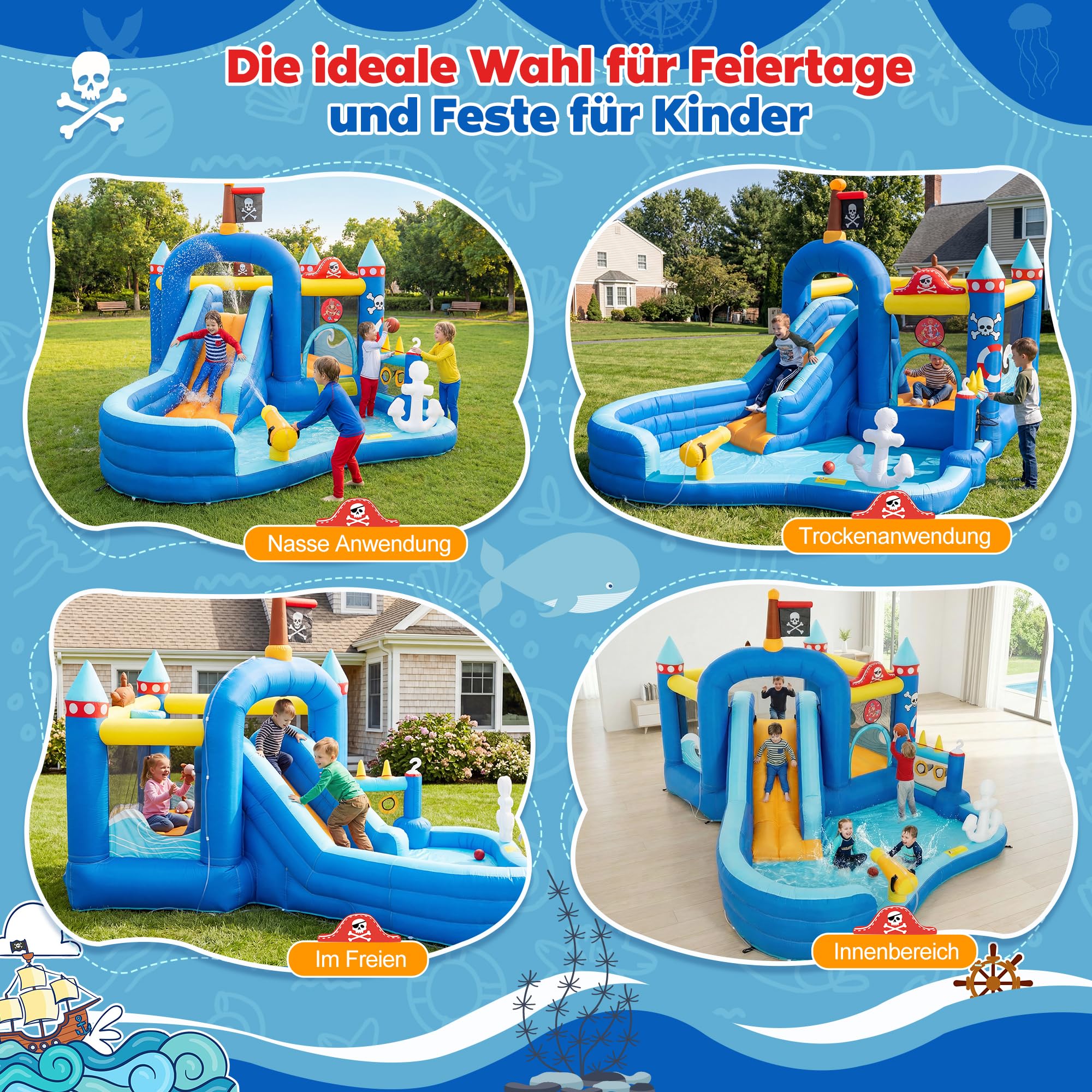 UEV Aufblasbare Hüpfburg XXL Indoor & Outdoor mit Gebläse 450W, EN71-1/2/3 | extra breiter Wasserrutsche, für Kleinkinder (3-8Jahre), Kindergeburtstag, 444x348x260 cm
