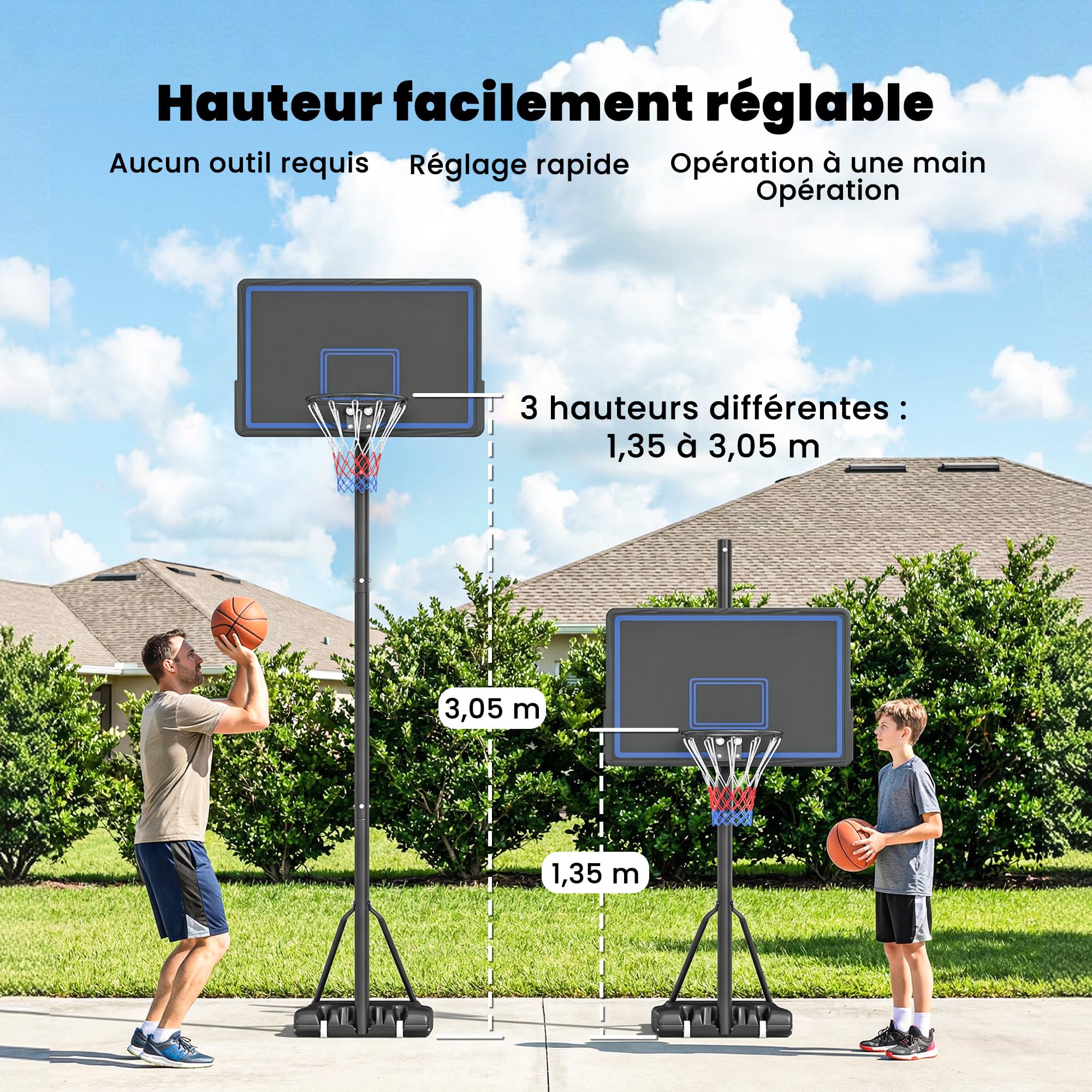 SPORTNOW Panier de Basketball sur Pieds avec Hauteur Réglable de 1,35 à 3,05 m, Panier de Basket Extérieur Portable avec Roues, Panneau Arrière en PE, Base de Lestage et Sac de Sable, Bleu