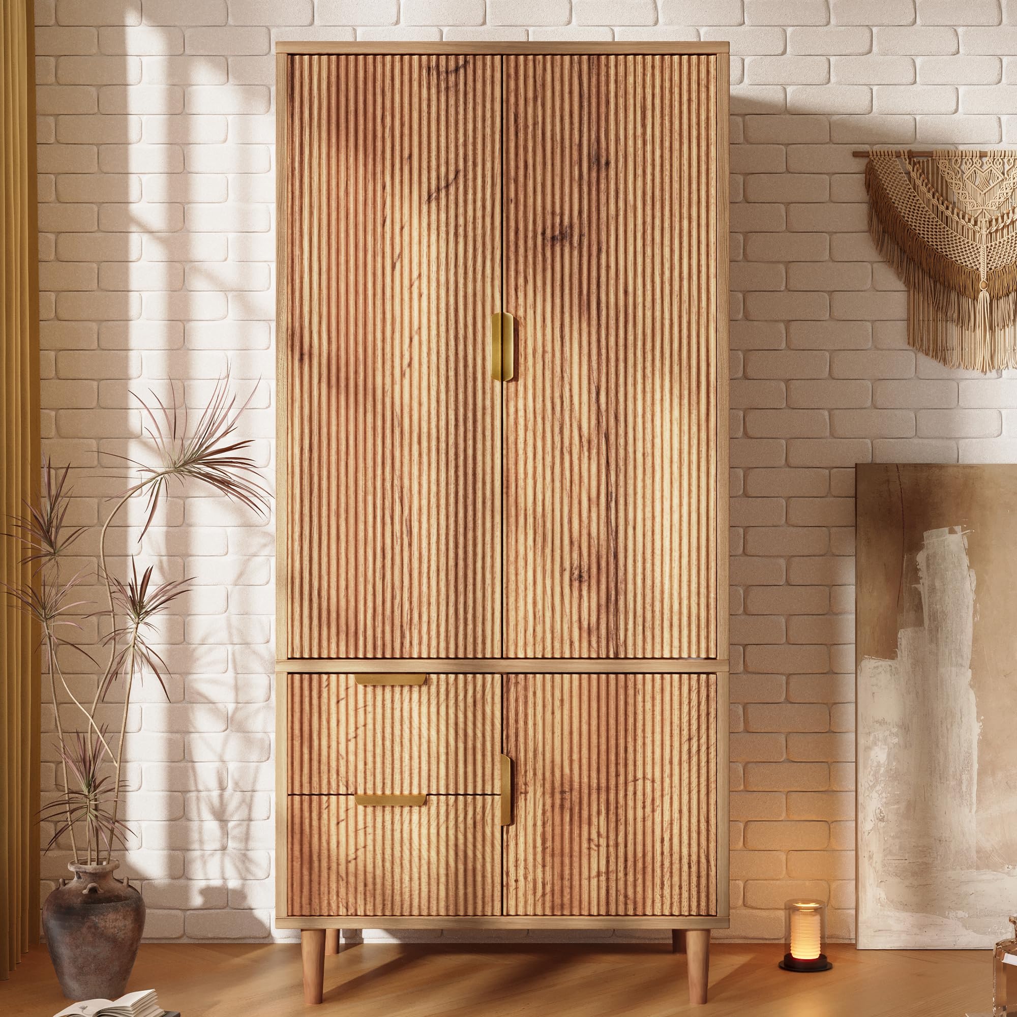 Armario 80 x 50 x 177 cm, aspecto de roble, madera con ranuras 3D, 3 puertas, 2 cajones, con barra para colgar y asas doradas