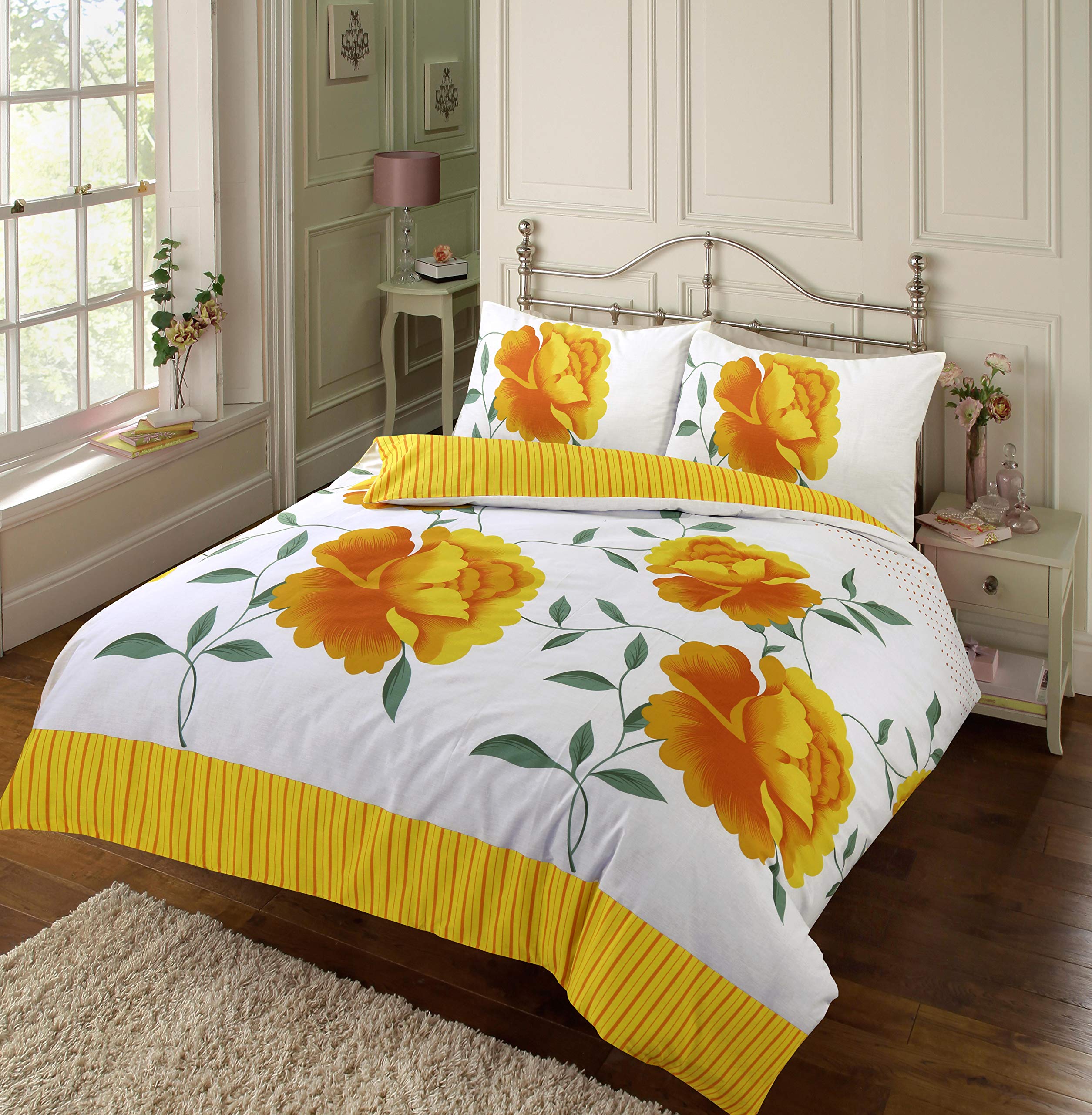 EHD Rosaleen Floral Pattern Modern Stylish Duvet Cover Sets Quilt Cover Sets Reversible Bedding Sets By NZ (Yellow, King)