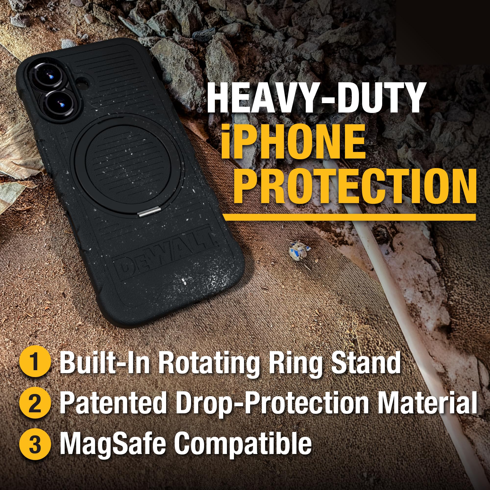 DEWALT Anello magnetico girevole a 360° per iPhone 16 Pro Max, resistente protezione contro le cadute adatta per MagSafe con supporto e anello supporto, nanobolle antiurto per iPhone 16 Pro Max,