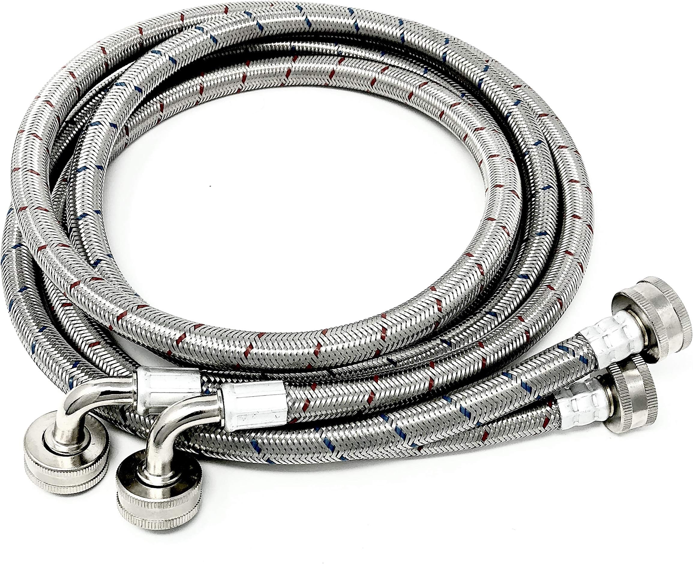 2-pack premium stainless steel washing machine hoses - 5 FT no-lead burst proof red and blue lined water inlet supply lines - universal 90 degree elbow connection - 10 year warranty