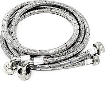 2-pack premium stainless steel washing machine hoses - 5 FT no-lead burst proof red and blue lined water inlet supply lines - universal 90 degree elbow connection -