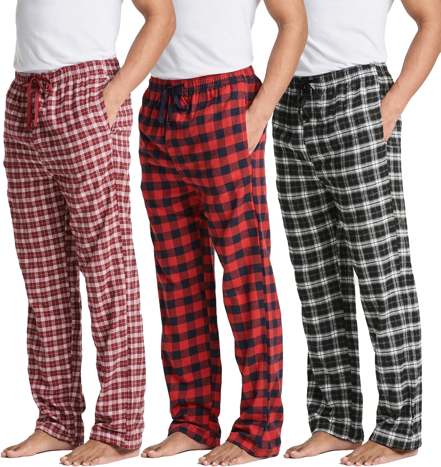 Real Essentials 3 Pack: Men's Pajama Pants - Knit Cotton Flannel Plaid Lounge Bottoms (Available In Big & Tall)
