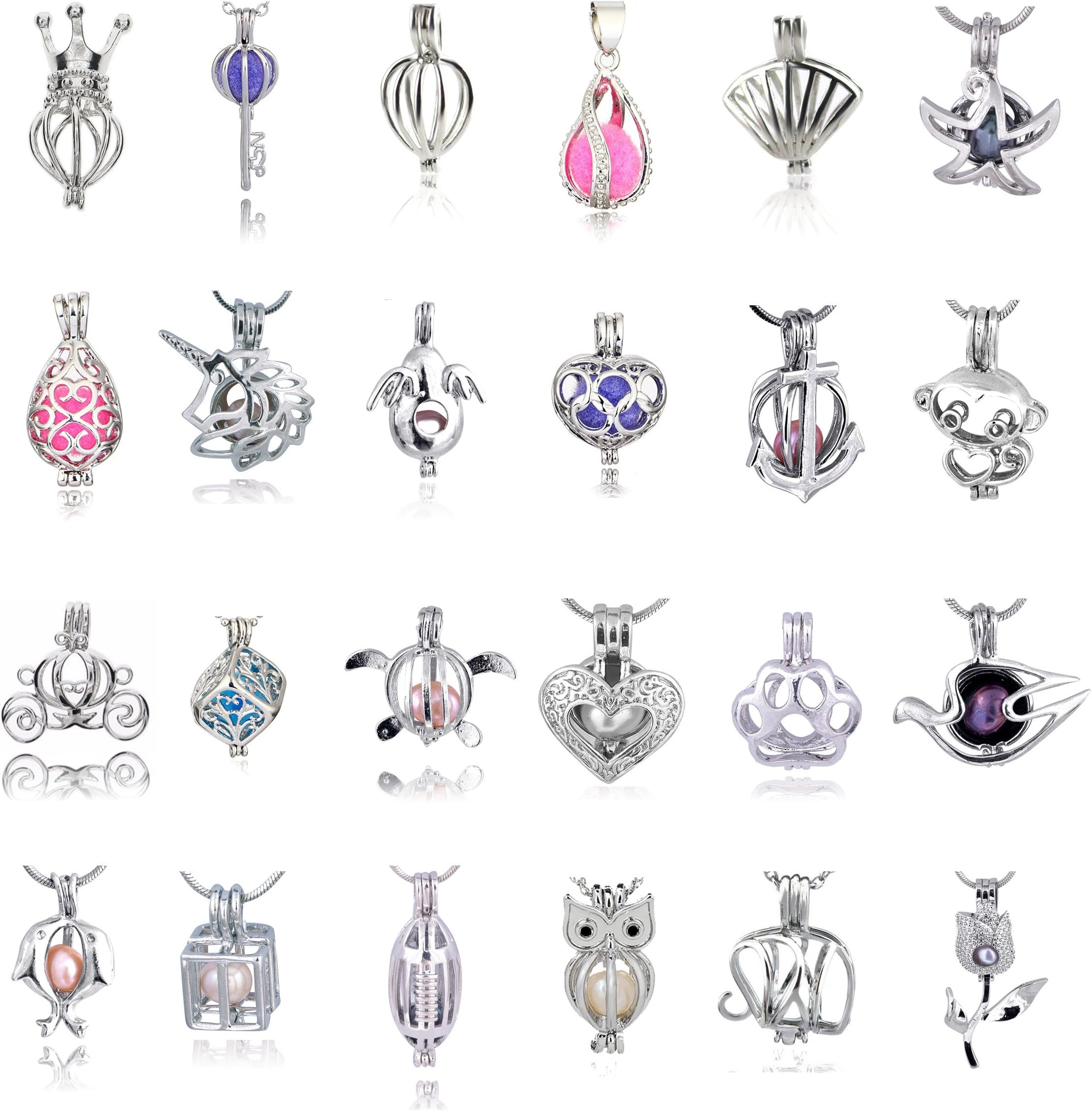 Cherri Wave 20 PCS All Unique Designs White Gold Plated Pearl Bead Cage Pendants for Jewelry Making/Essential Oil Scent Diffuser Locket Pendant with Storage Box and Colorful Cotton Pom Poms
