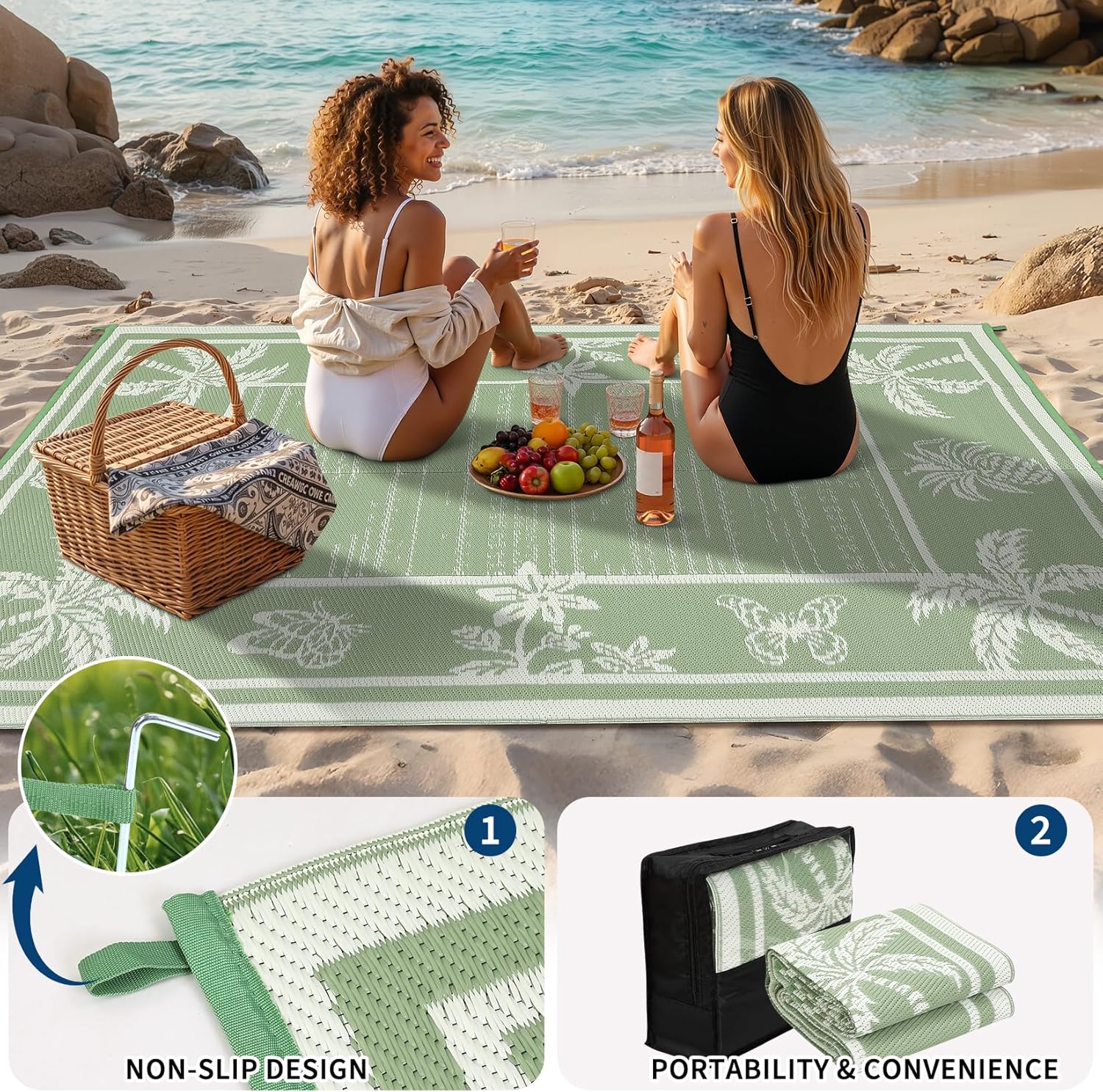 Garvee Outdoor Rug 5x8 Waterproof for Patios, Reversible Plastic Straw Rug, Tropical Leaf Indoor Outdoor Rugs, Large Area Rug for RV, Camping, Deck, Picnic Mat, Outside Carpet, Sage Green & Ivory