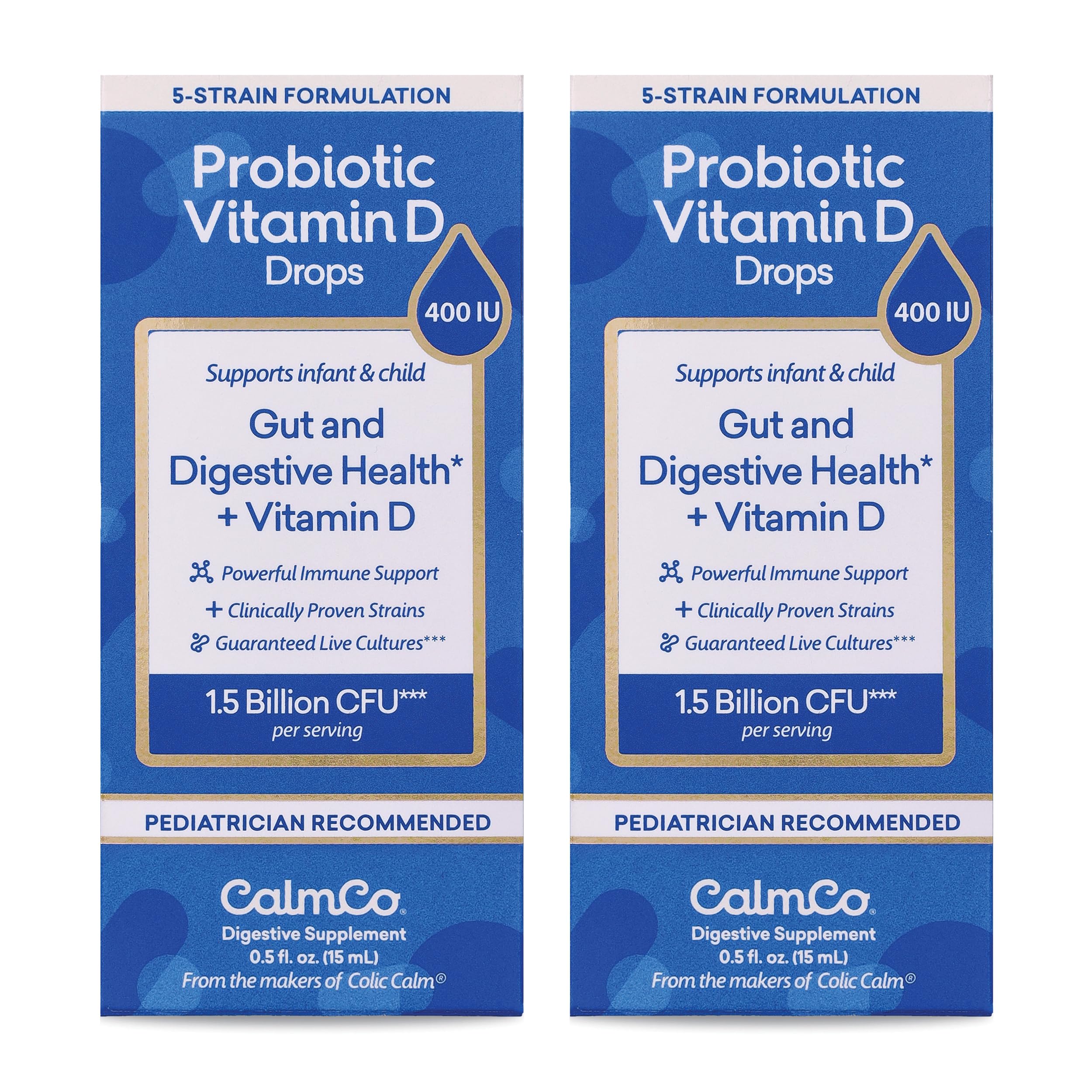 CalmCo Probiotic Vitamin D Drops - Supports Infant & Child Gut Health, Helps Reduce Gas, Colic & Fussiness, Baby Probiotic Drops with Vitamin D3, Pediatrician Recommended, Unflavored, 15ml (Pack of 2)