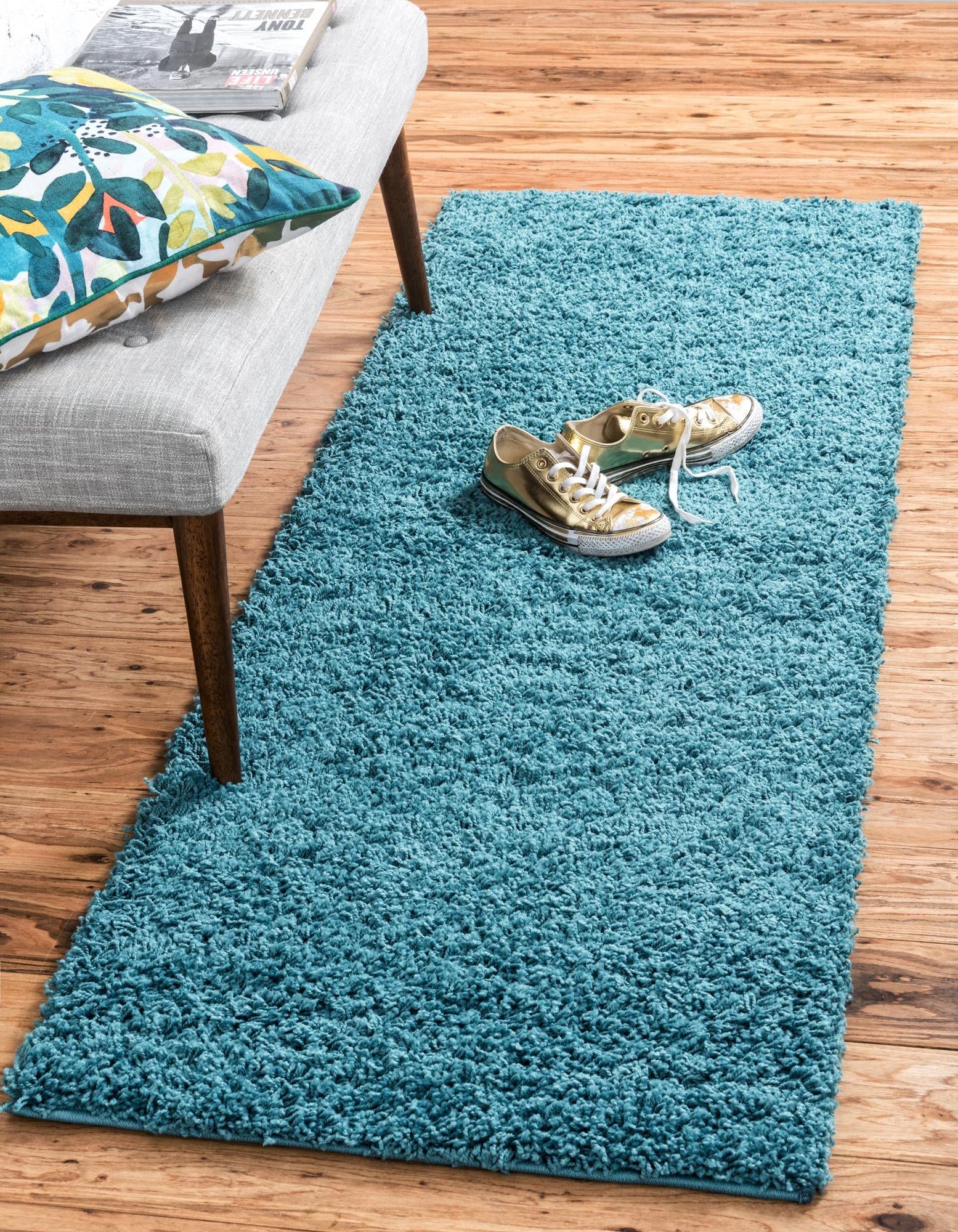 Rugs.com - Über Cozy Solid Shag Collection Rug – 10 Ft Runner Deep Aqua Blue Shag Rug Perfect for Hallways, Entryways